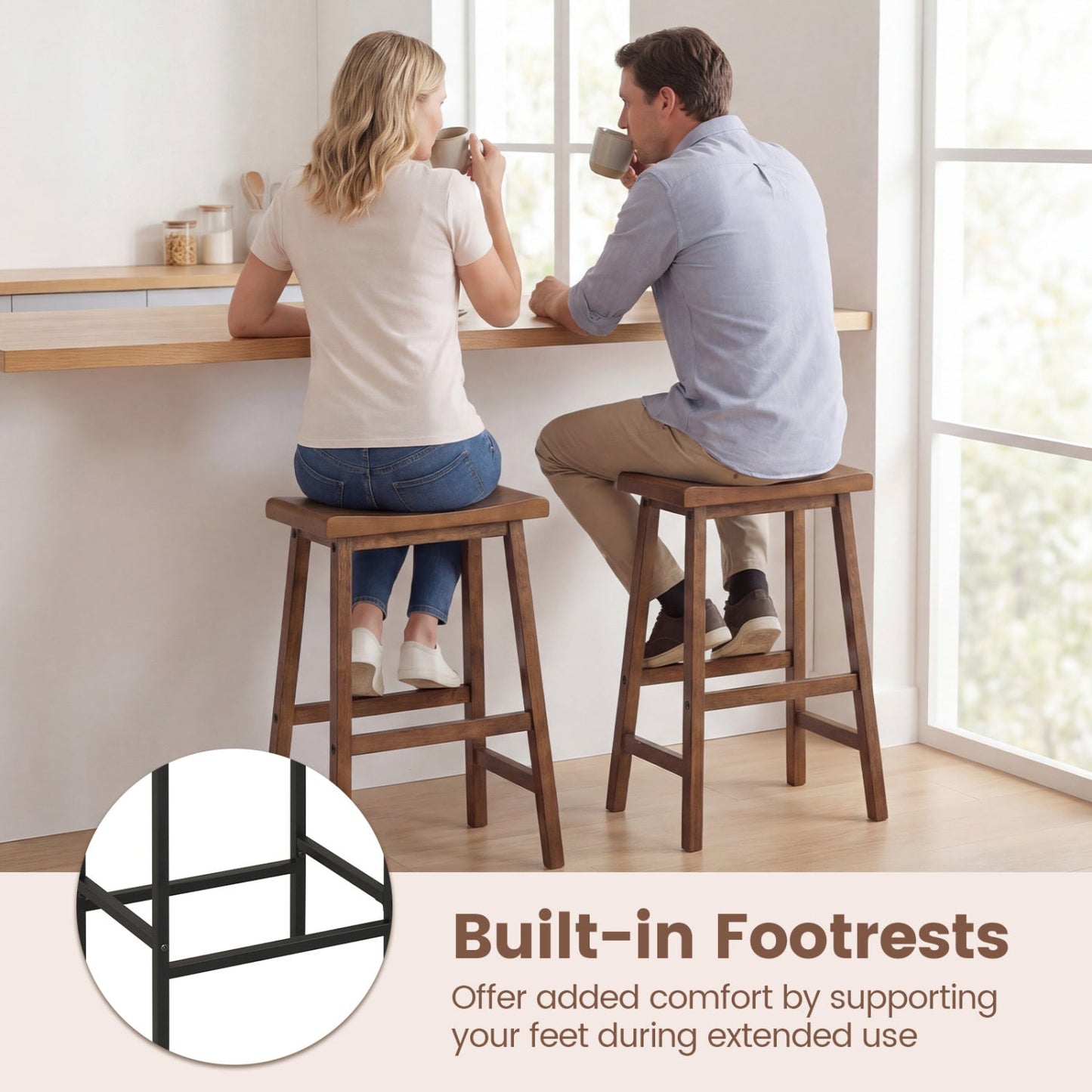 24 Inch Counter Height Stools Solid Wood Saddle Bar Stools Set of 2