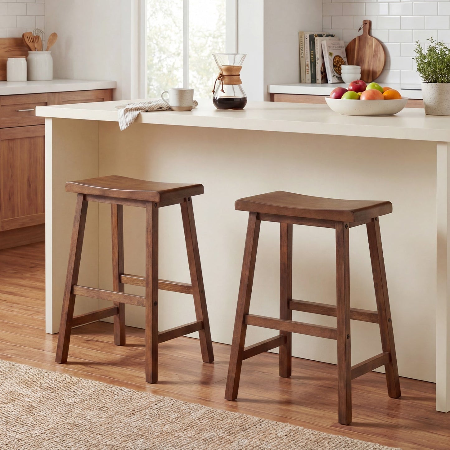 24 Inch Counter Height Stools Solid Wood Saddle Bar Stools Set of 2