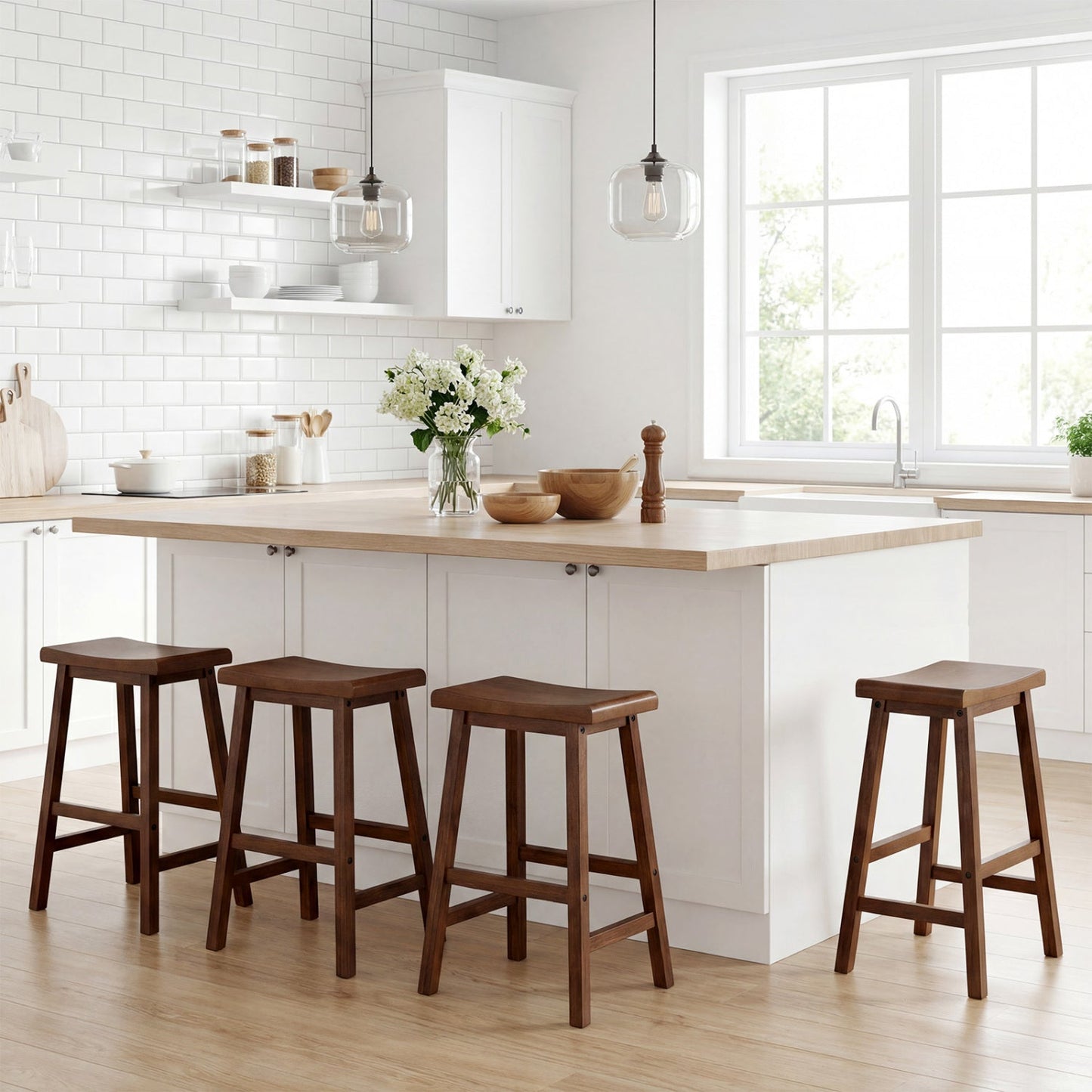 24 Inch Counter Height Stools Solid Wood Saddle Bar Stools Set of 2