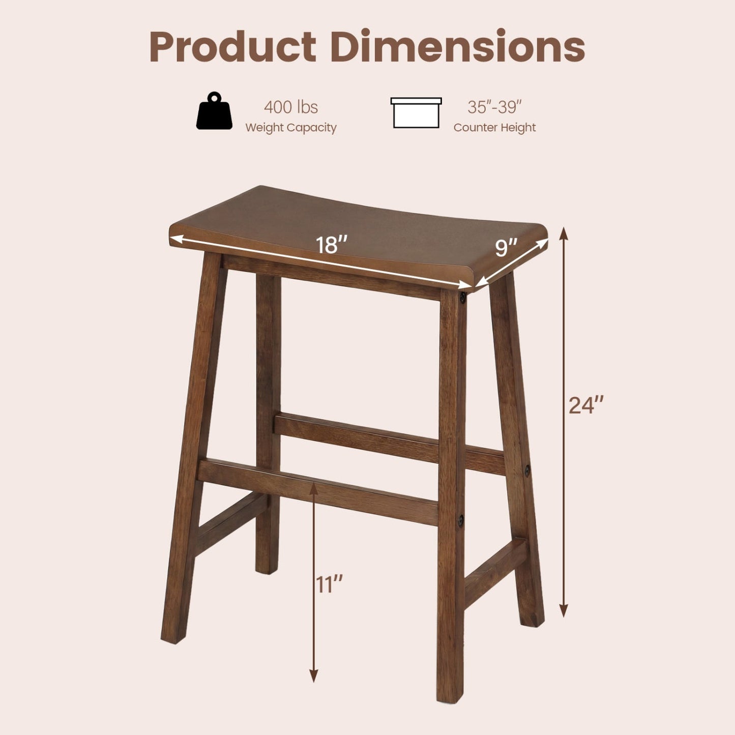 24 Inch Counter Height Stools Solid Wood Saddle Bar Stools Set of 2