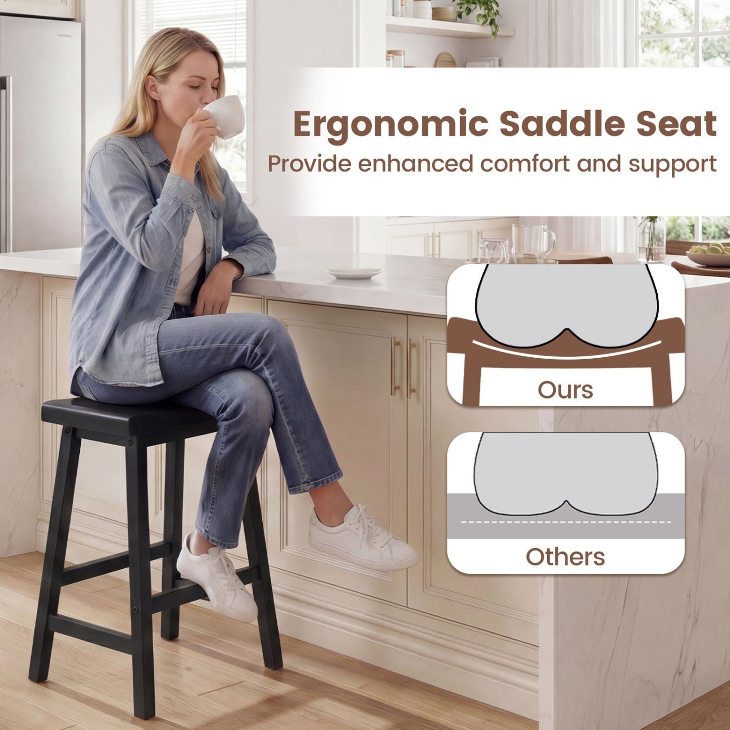 24 Inch Counter Height Stools Solid Wood Saddle Bar Stools Set of 2