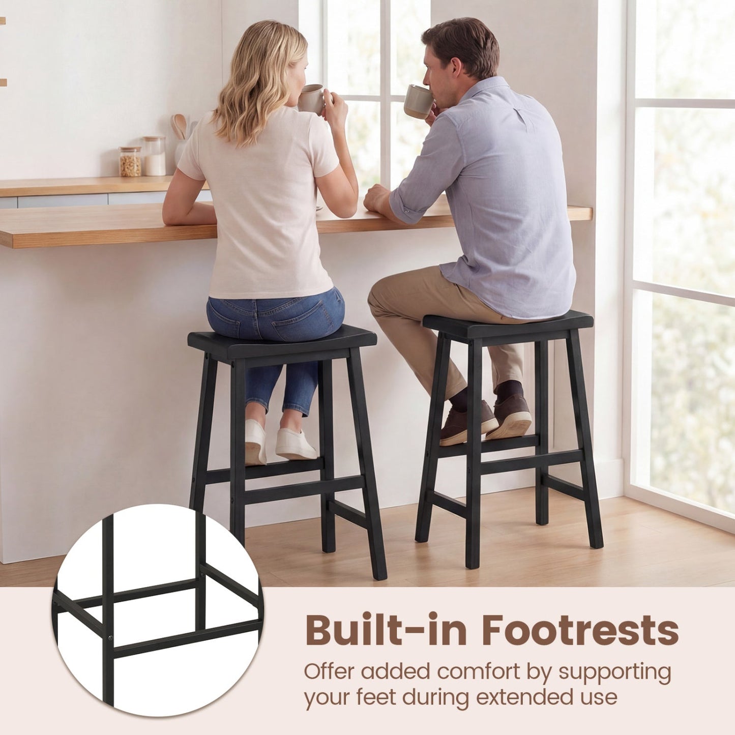 24 Inch Counter Height Stools Solid Wood Saddle Bar Stools Set of 2