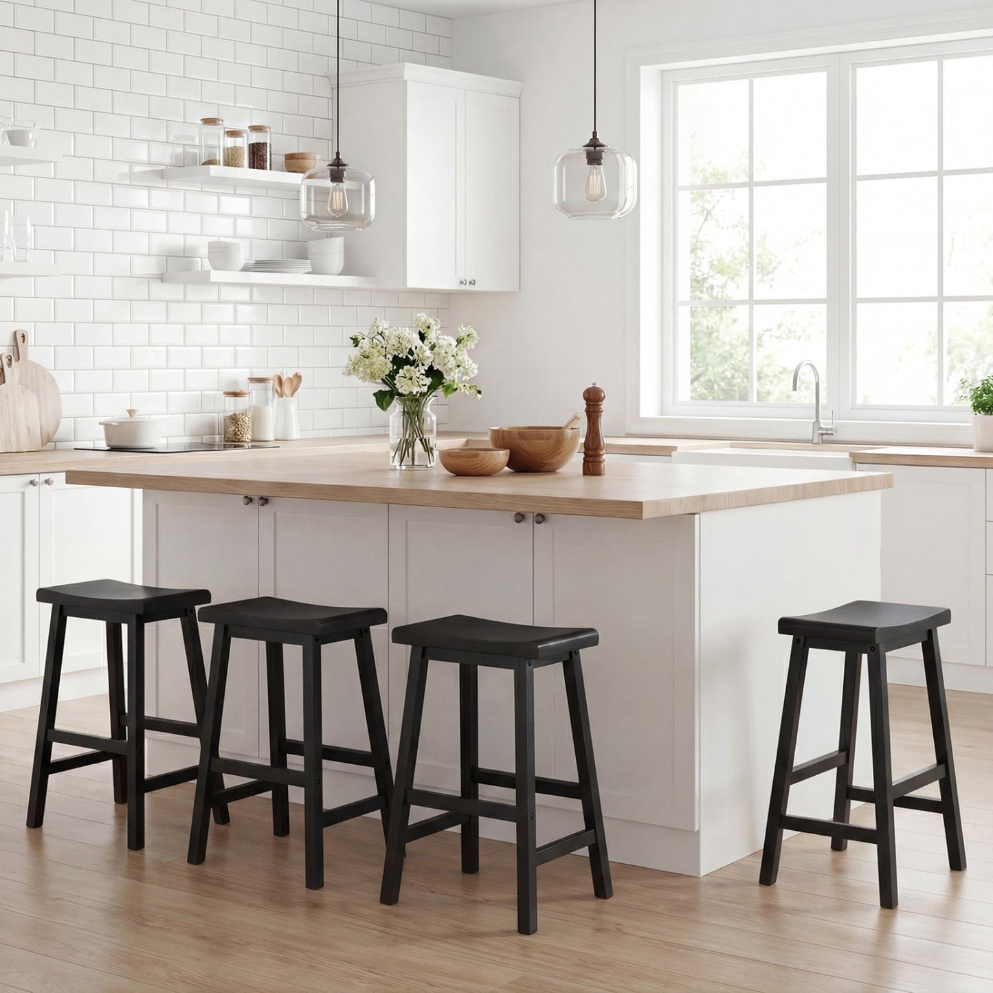 24 Inch Counter Height Stools Solid Wood Saddle Bar Stools Set of 2