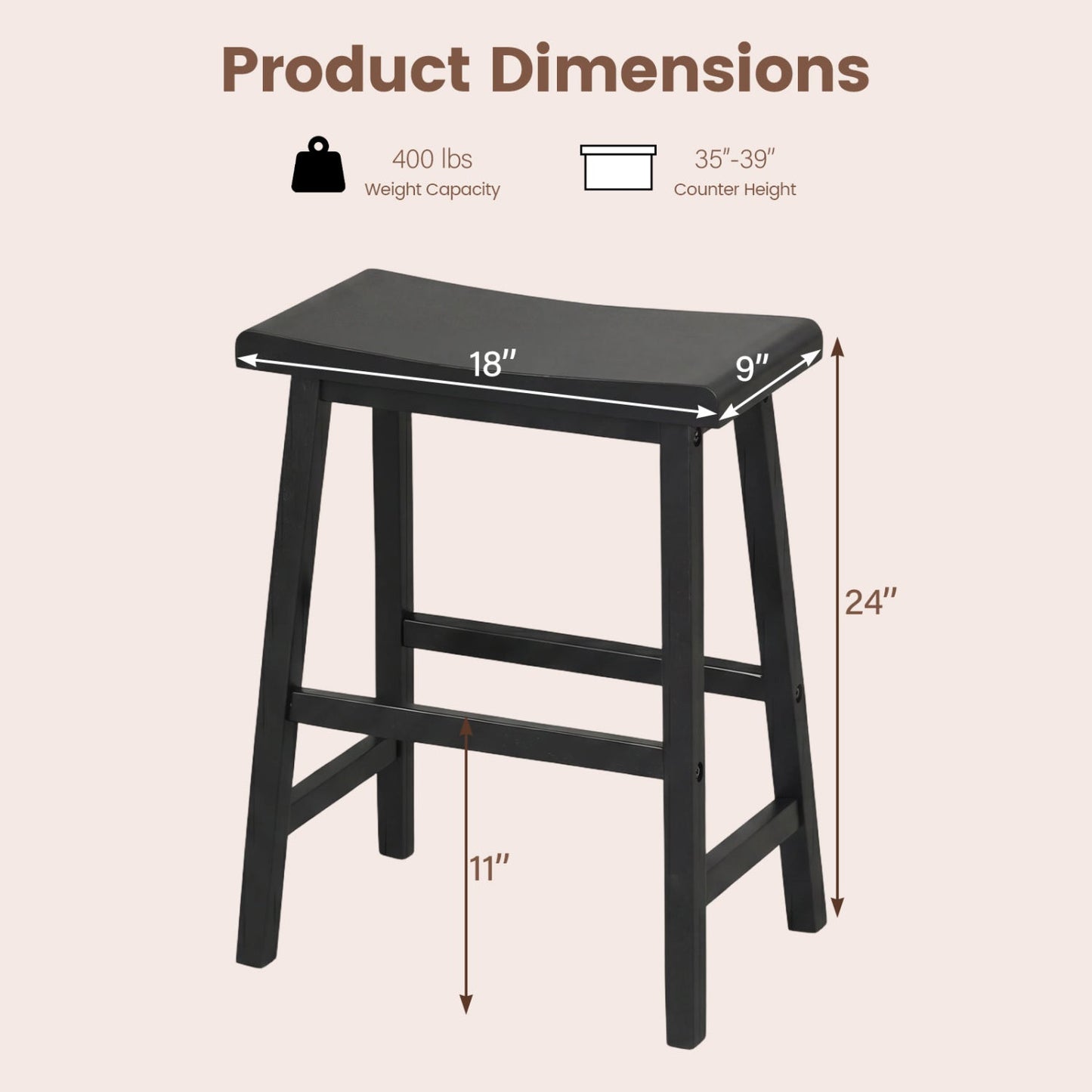 24 Inch Counter Height Stools Solid Wood Saddle Bar Stools Set of 2
