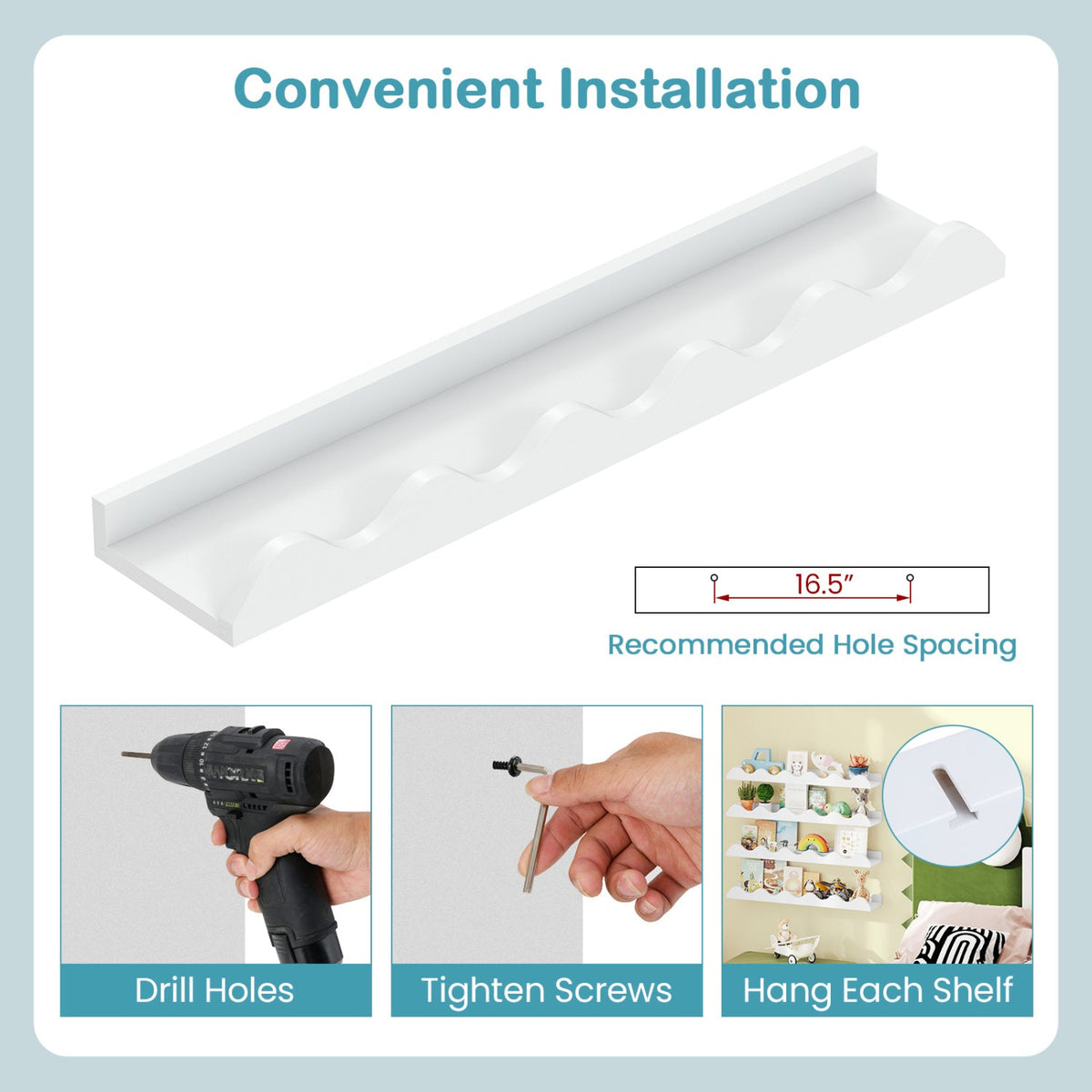 Wall-Mounted Picture Ledge Shelf Set of 4 - 24 Inch White