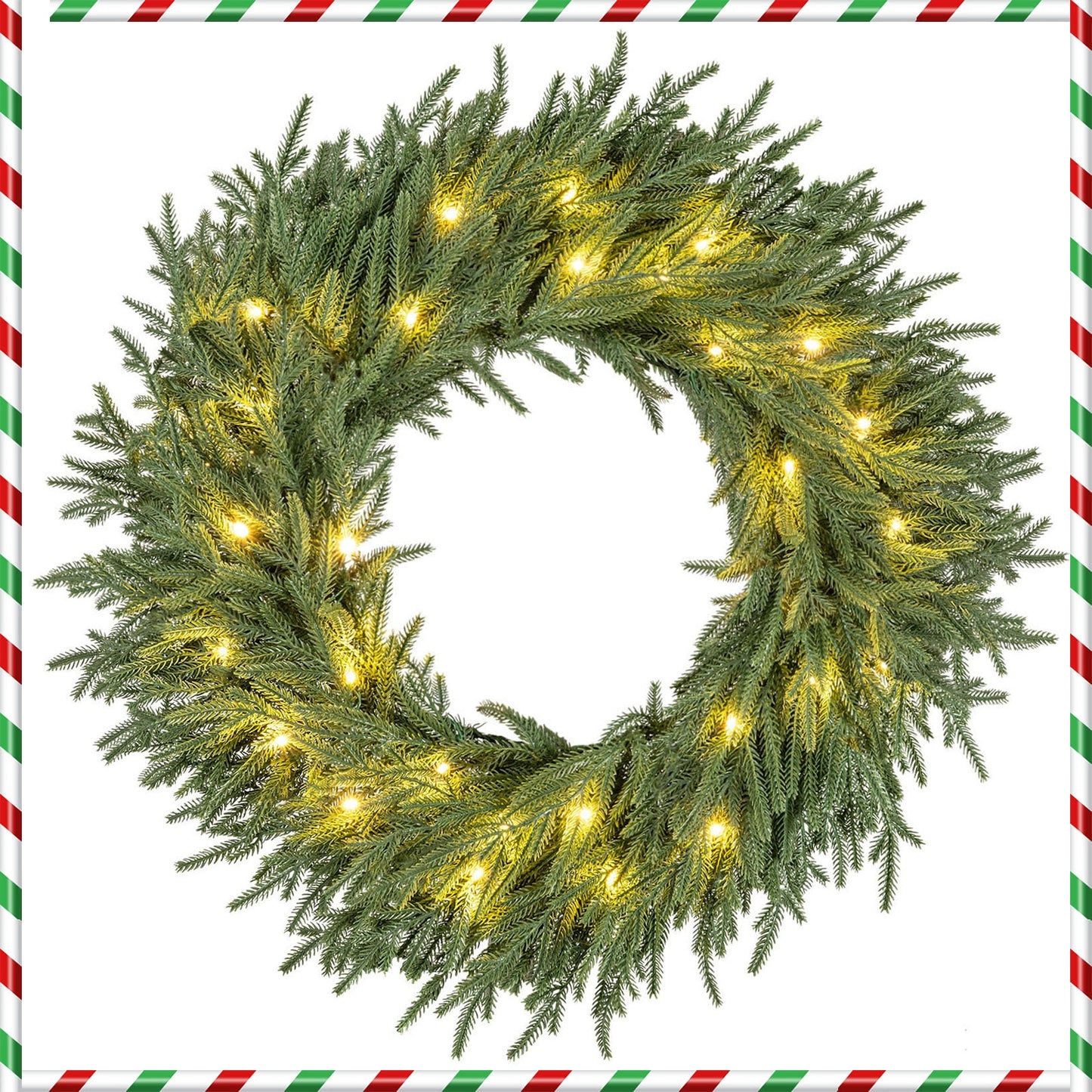 24 Inch Pre-lit Christmas Wreath with 108 Branch Tips and 35 Warm White LED Lights for Wall Window
