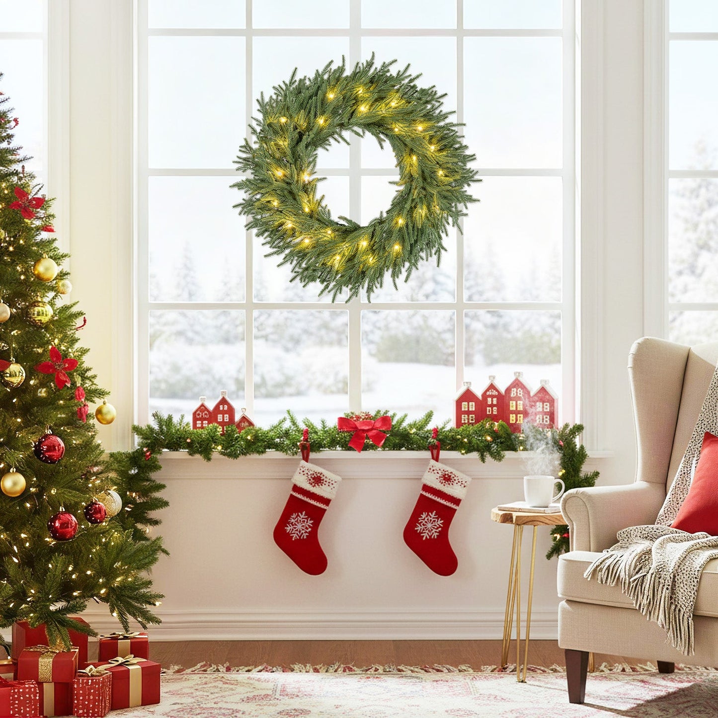 24 Inch Pre-lit Christmas Wreath with 108 Branch Tips and 35 Warm White LED Lights for Wall Window