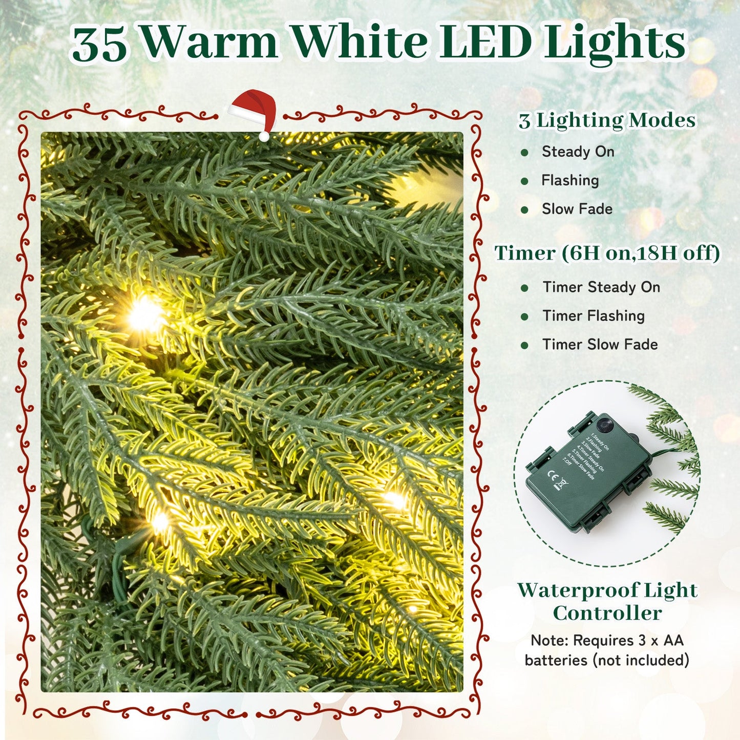 24 Inch Pre-lit Christmas Wreath with 108 Branch Tips and 35 Warm White LED Lights for Wall Window