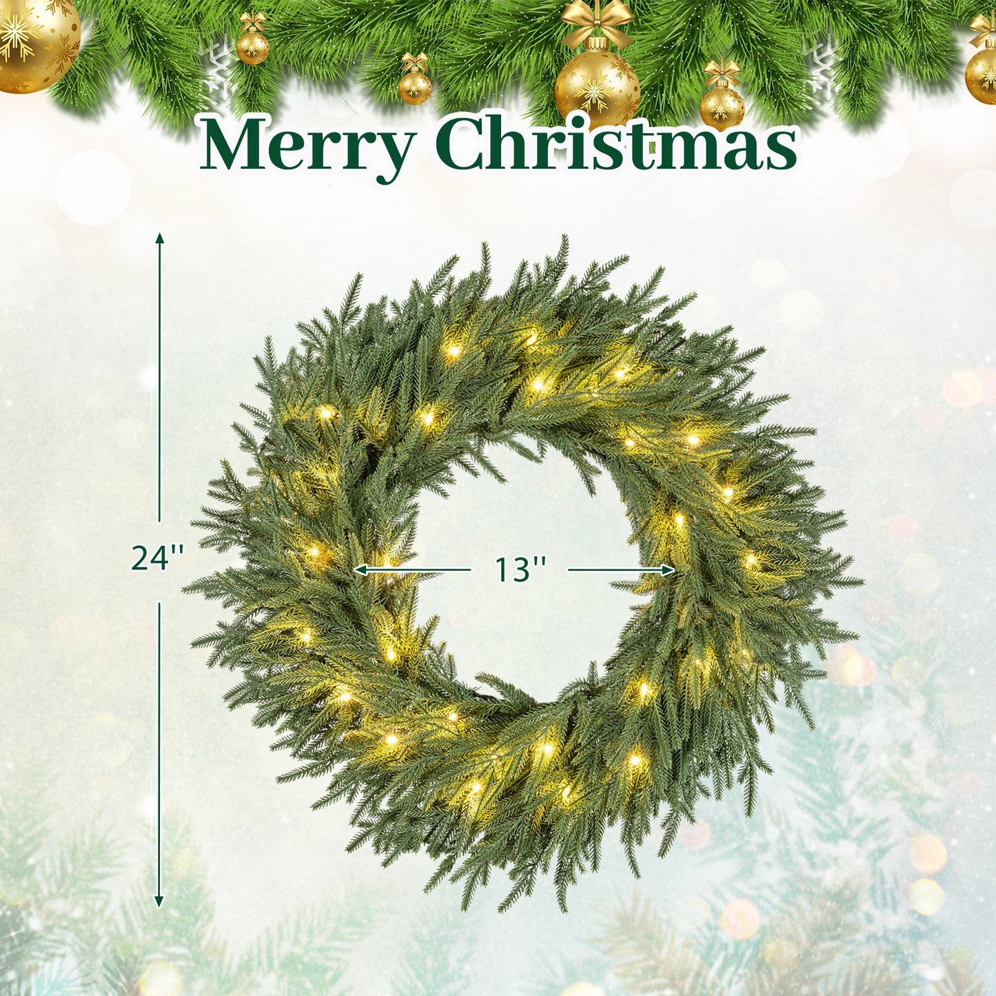 24 Inch Pre-lit Christmas Wreath with 108 Branch Tips and 35 Warm White LED Lights for Wall Window
