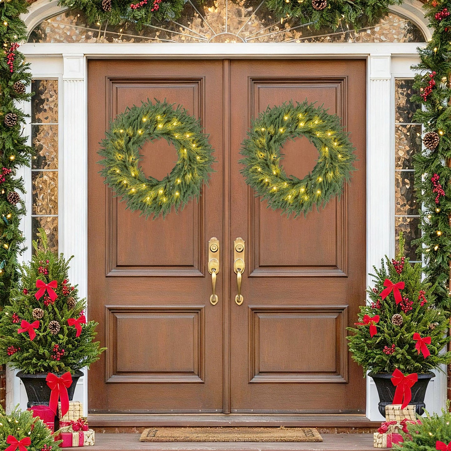 24 Inch Pre-lit Christmas Wreath with 108 Branch Tips and 35 Warm White LED Lights for Wall Window