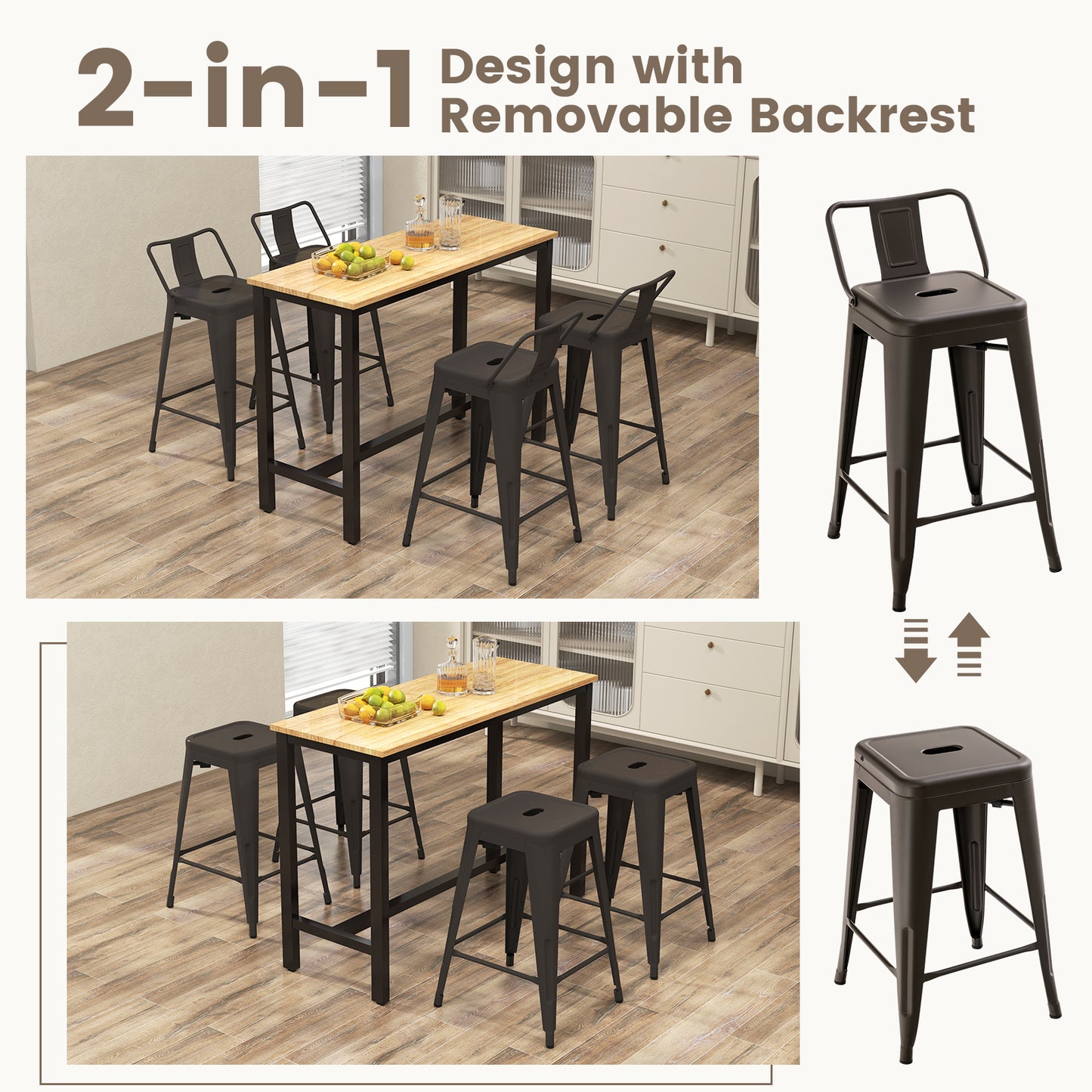 24-Inch Metal Bar Stools with Removable Backs, Set of 4