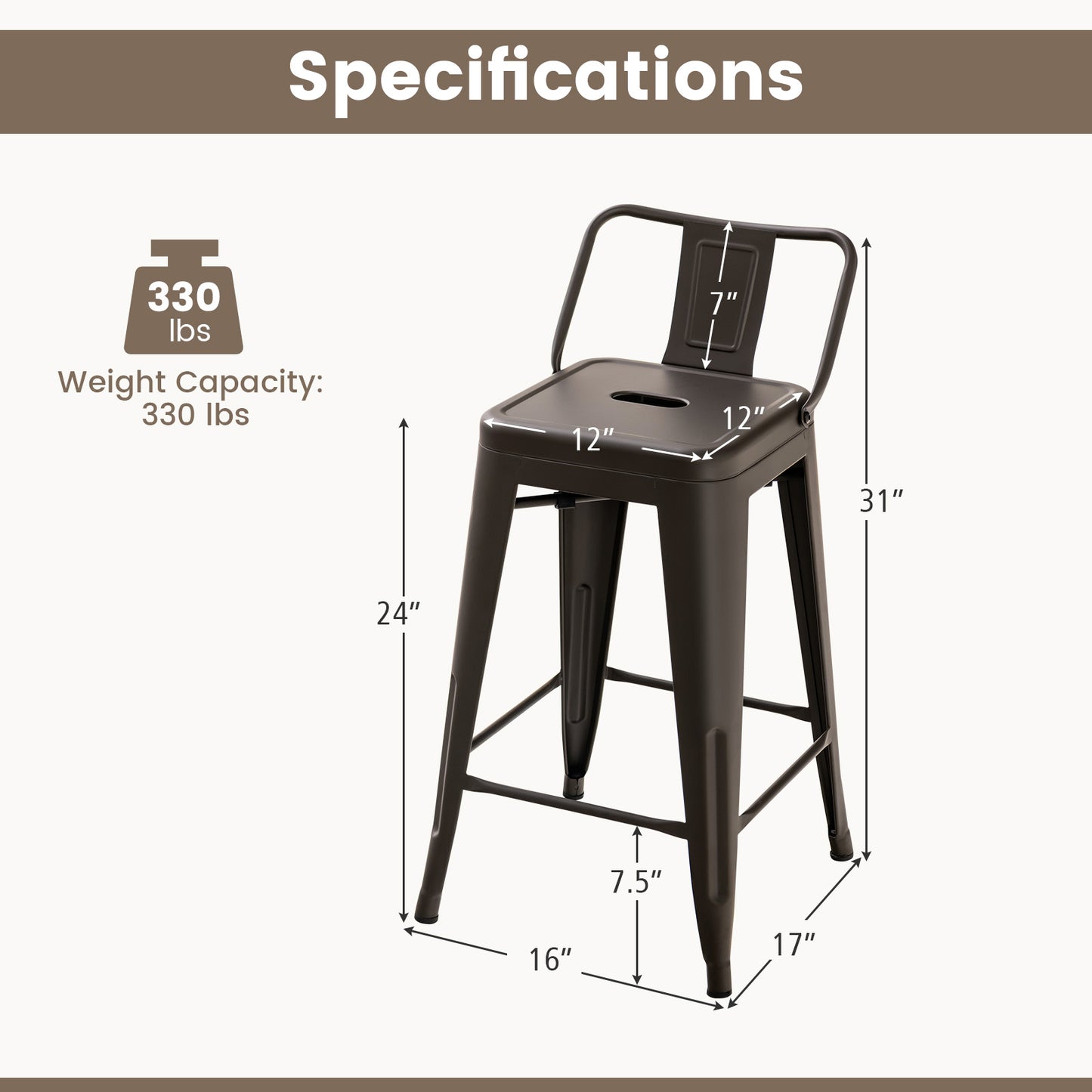 24-Inch Metal Bar Stools with Removable Backs, Set of 4