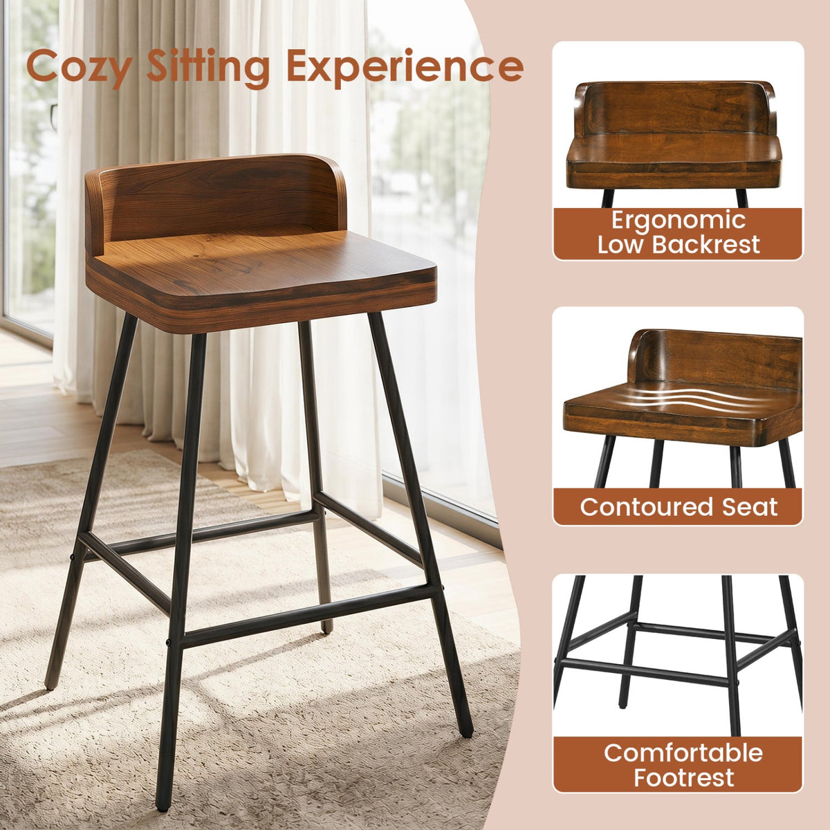 24" Bar Stool with Low Back and Footrest - Walnut