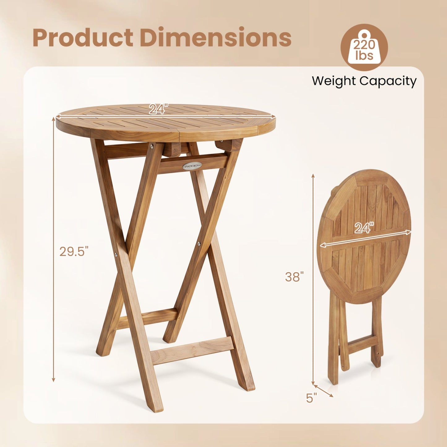 24" Round Teak Folding Bistro Table with Footrest