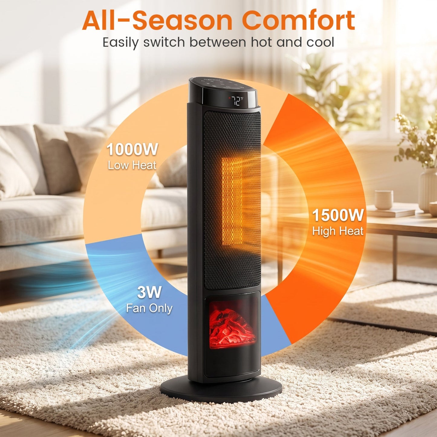 24-Inch PTC Ceramic Tower Space Heater with 7-Color Flame