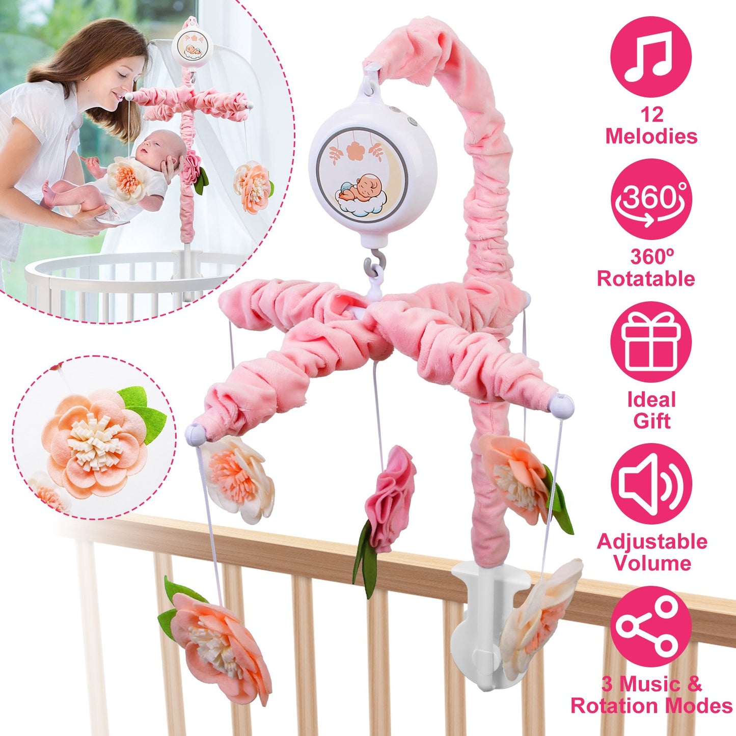 Musical Crib Mobile with 12 Melodies & Flower Rattles