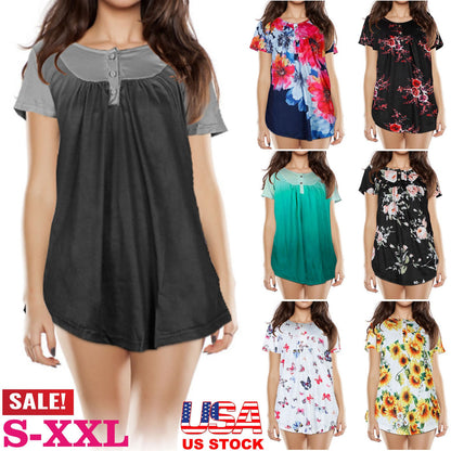 Women Summer Shirts Tops Loose Short Sleeve T Shirts Casual Floral Printed Button Shirts Blouse S-XXL
