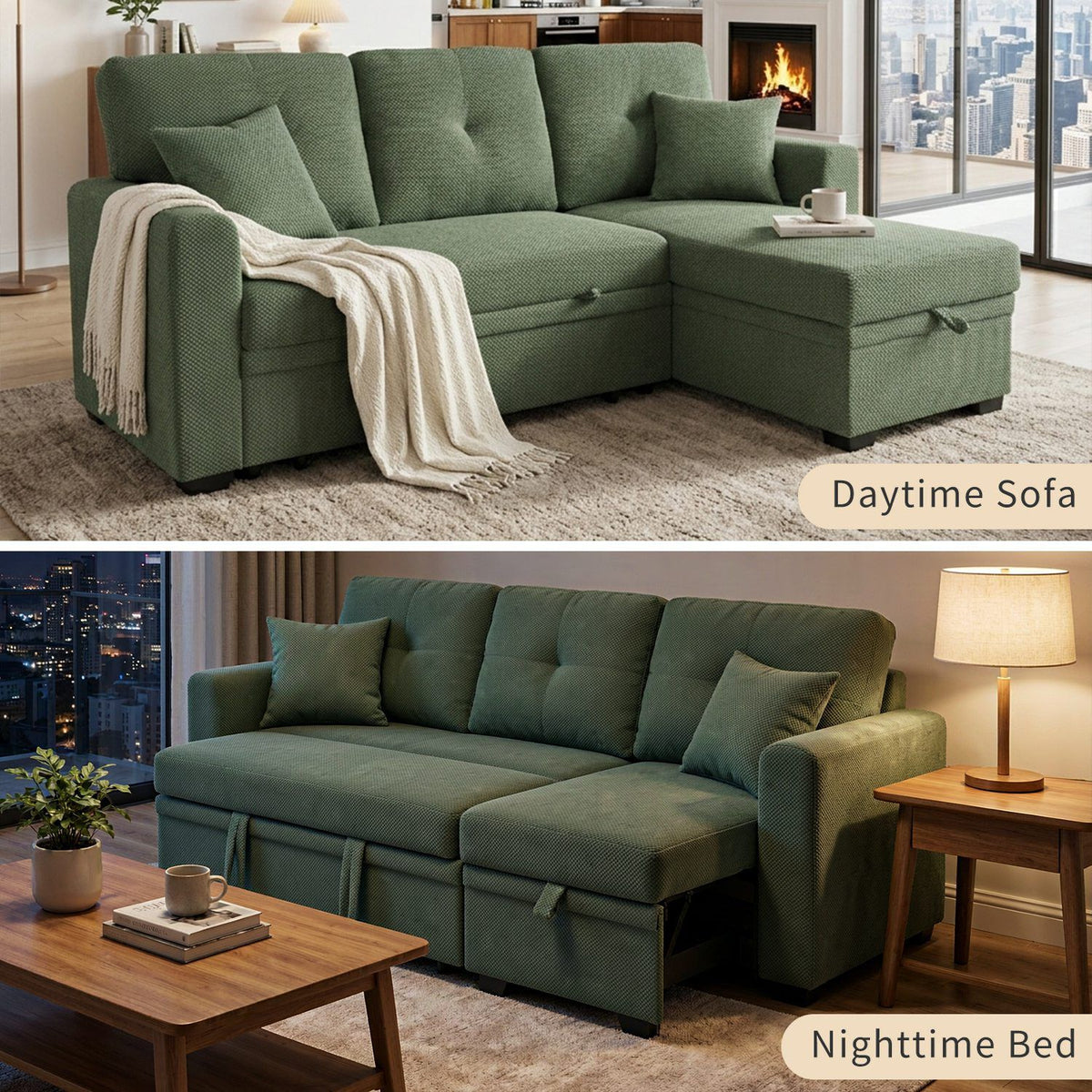 Sleeper Sofa with Pull-Out Bed, L-Shaped Sectional Couch with Reversible Chaise and Storage, Foil Fabric Upholstered Sof