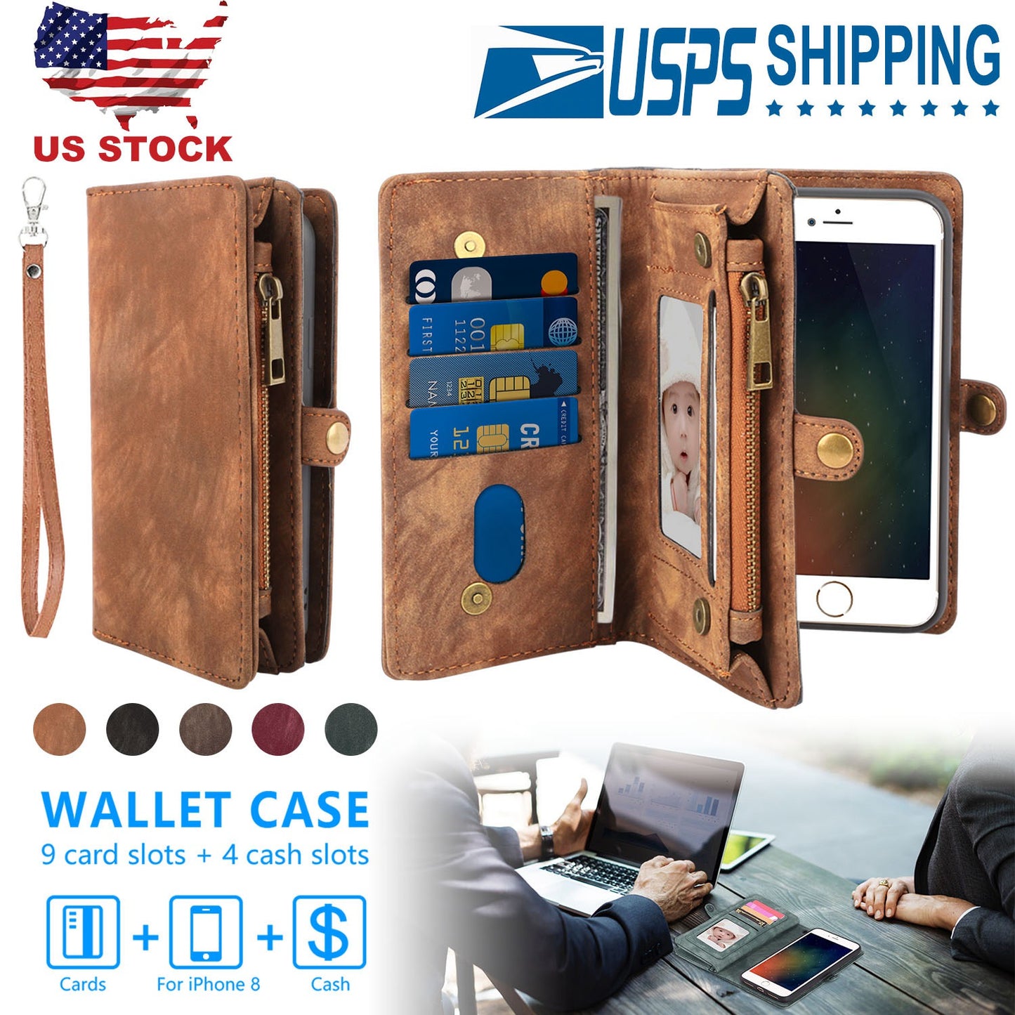 iPhone 8 Wallet Case with 13 Card Slots & Detachable Cover
