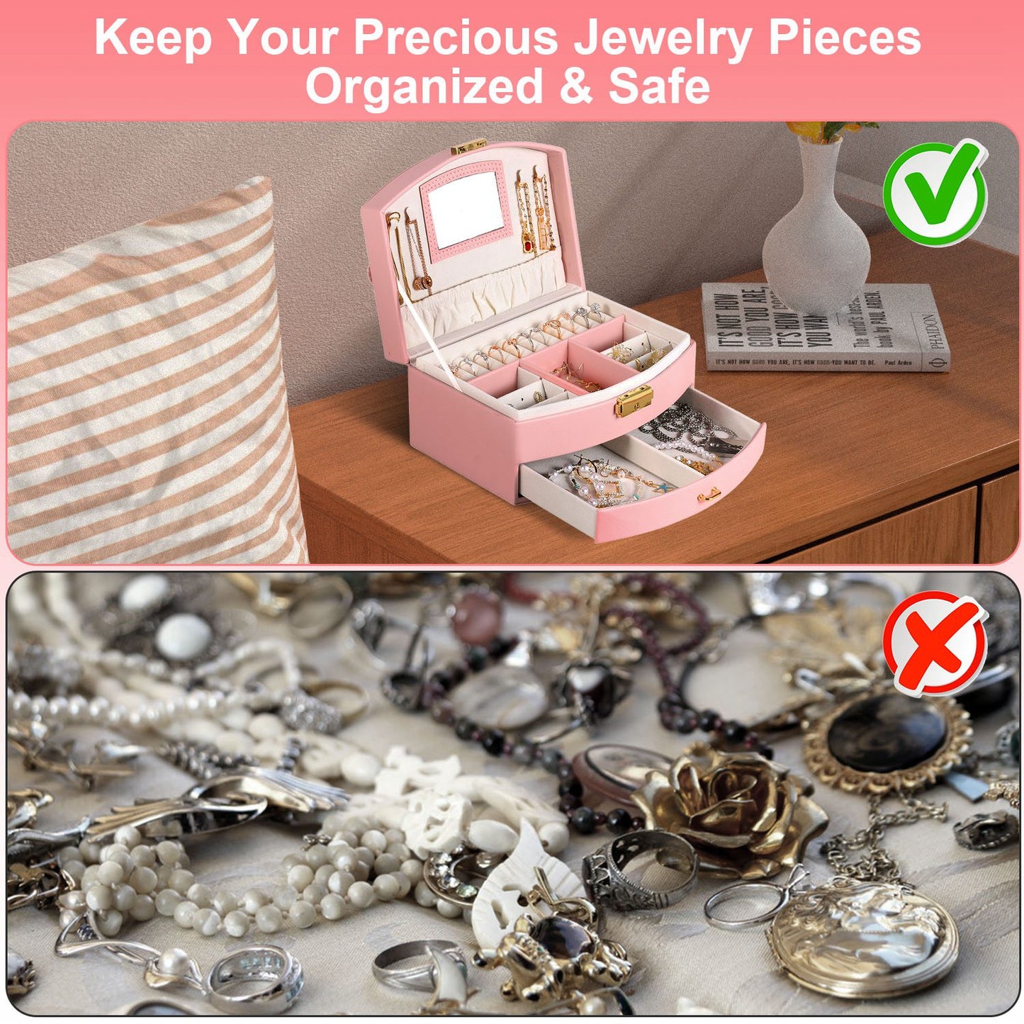 2-Layer Lockable Jewelry Box with Travel Handle & Mirror