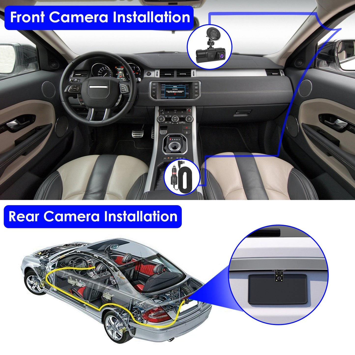 3-Channel Dash Cam with WiFi, 1080P Front & Rear Cameras