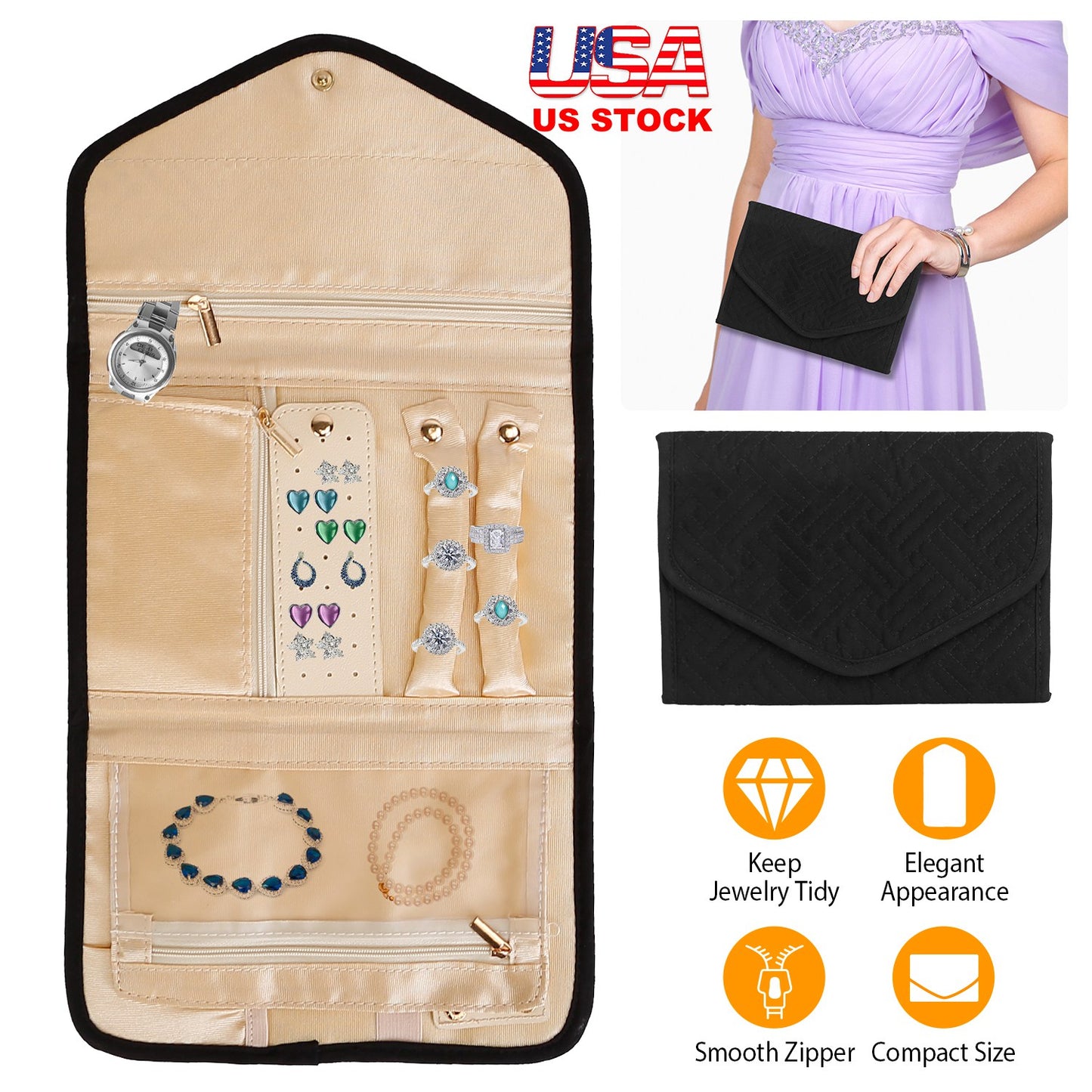 Travel Jewelry Organizer Case - Foldable Roll Storage Bag