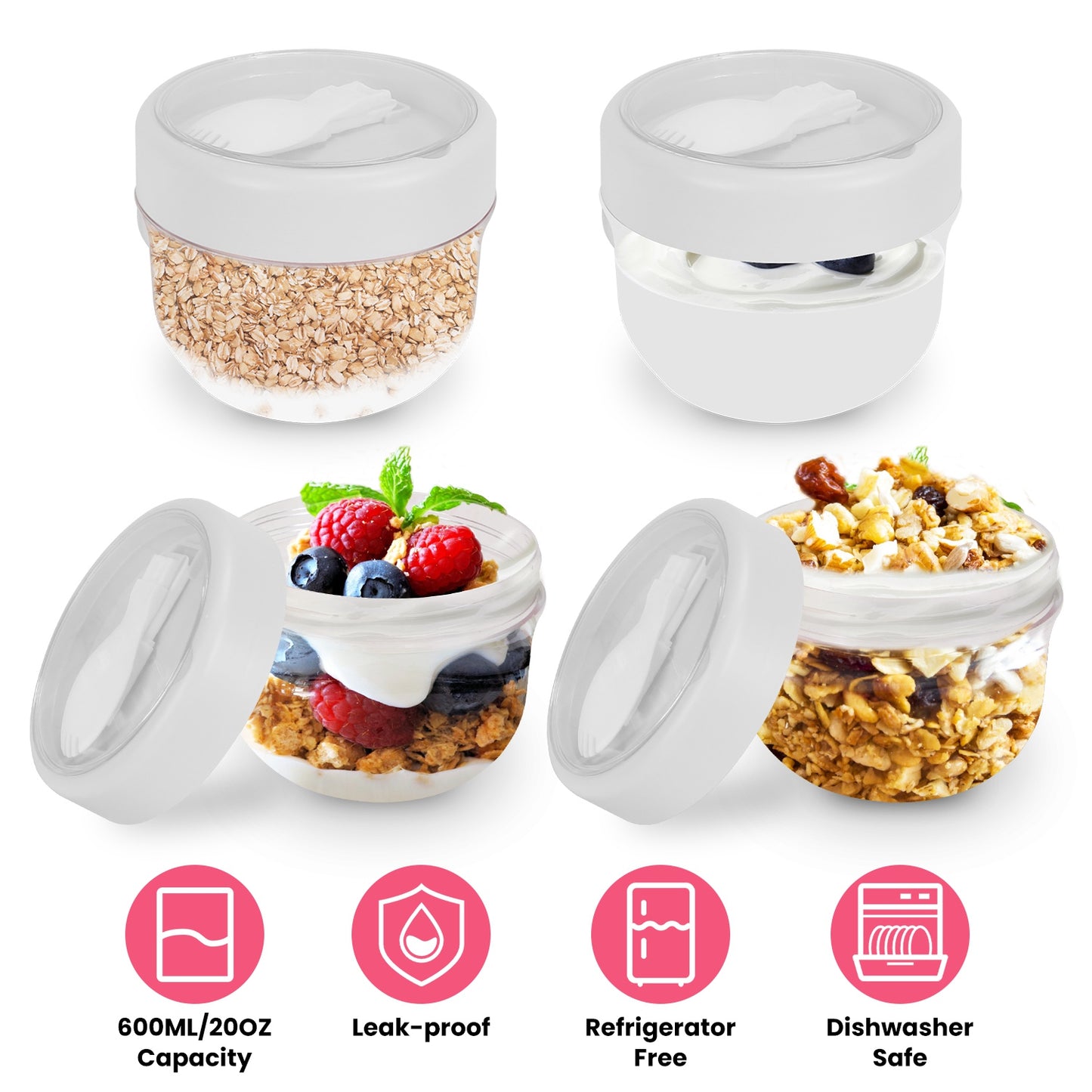 Overnight Oats Containers with Lids and Spoons, 20oz, 4-Pack