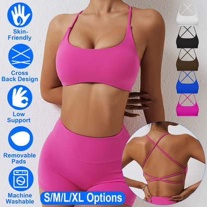 Women Cross Back Sport Bras Padded Strappy Crop Open Back Low Impact Bras Sexy Fitness Tank Tops with Removable Pads Thin Straps for Gym Yoga Workout