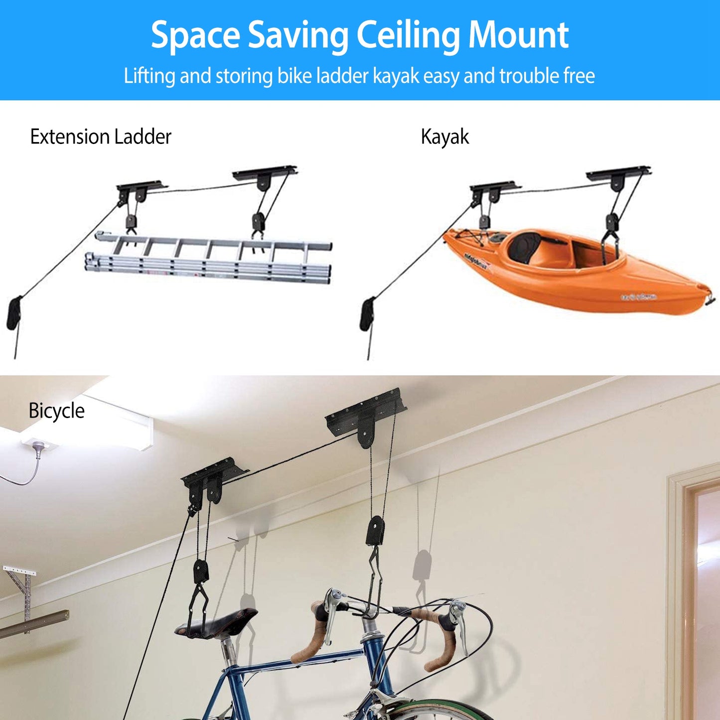 Bike Lift Ceiling Storage Hoist - 50 LB Capacity with Pulley