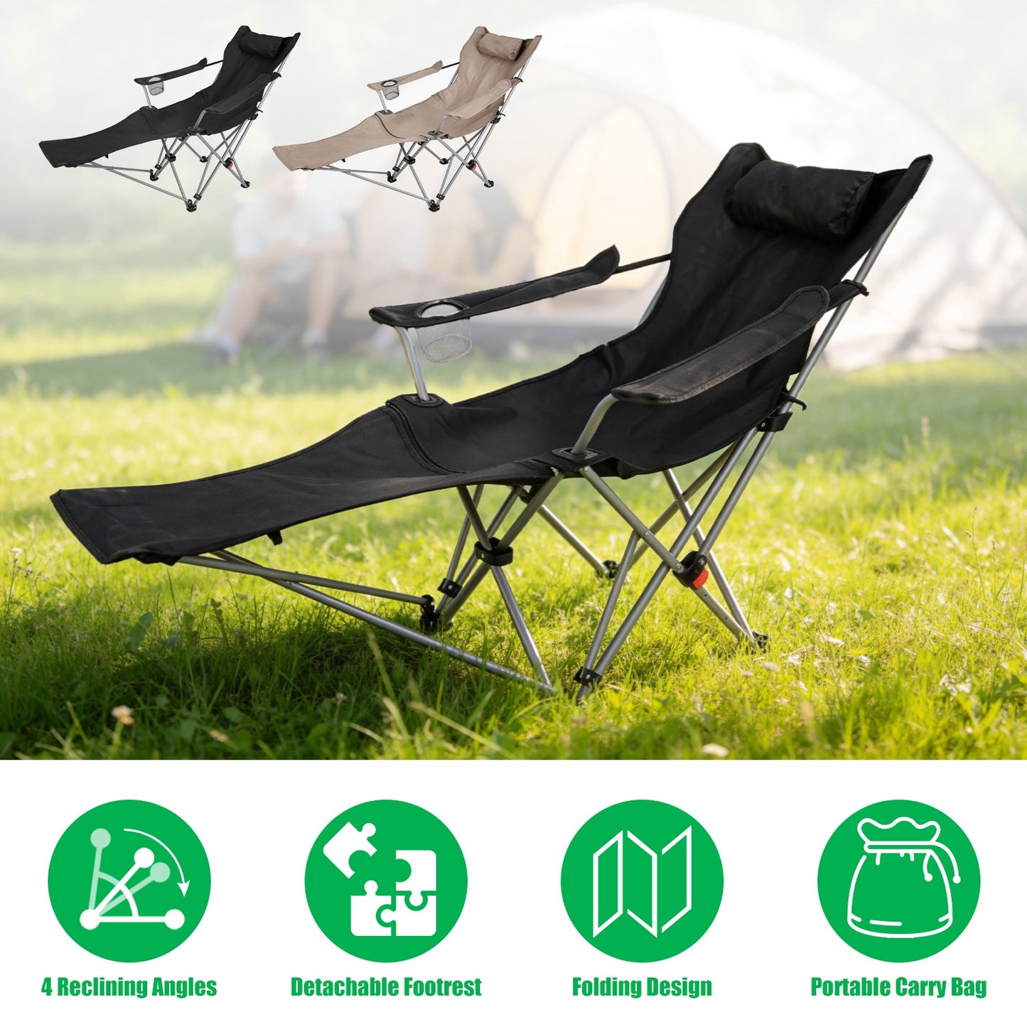 Reclining Camping Chair with Footrest - 4-Position Adjustable