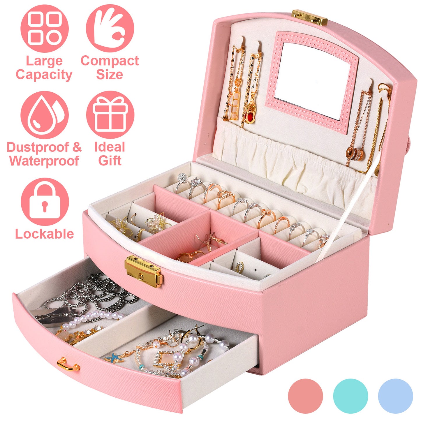 2-Layer Lockable Jewelry Box with Travel Handle & Mirror