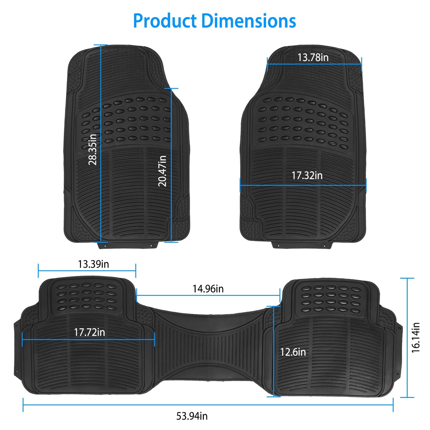 Car Floor Mats Set 3-Piece Heavy Duty PVC Rubber Trimmable