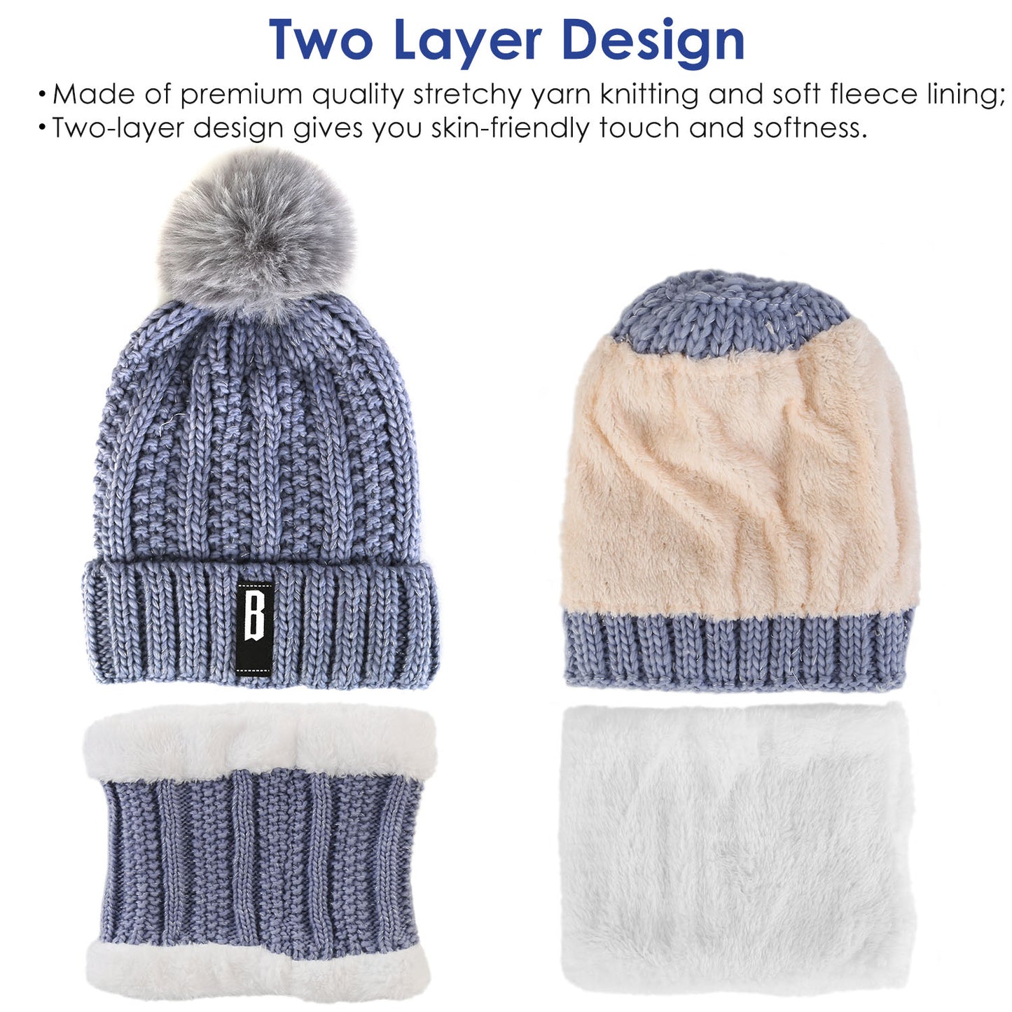 Beanie Hat and Scarf Set - Fleece Lined Winter Knit