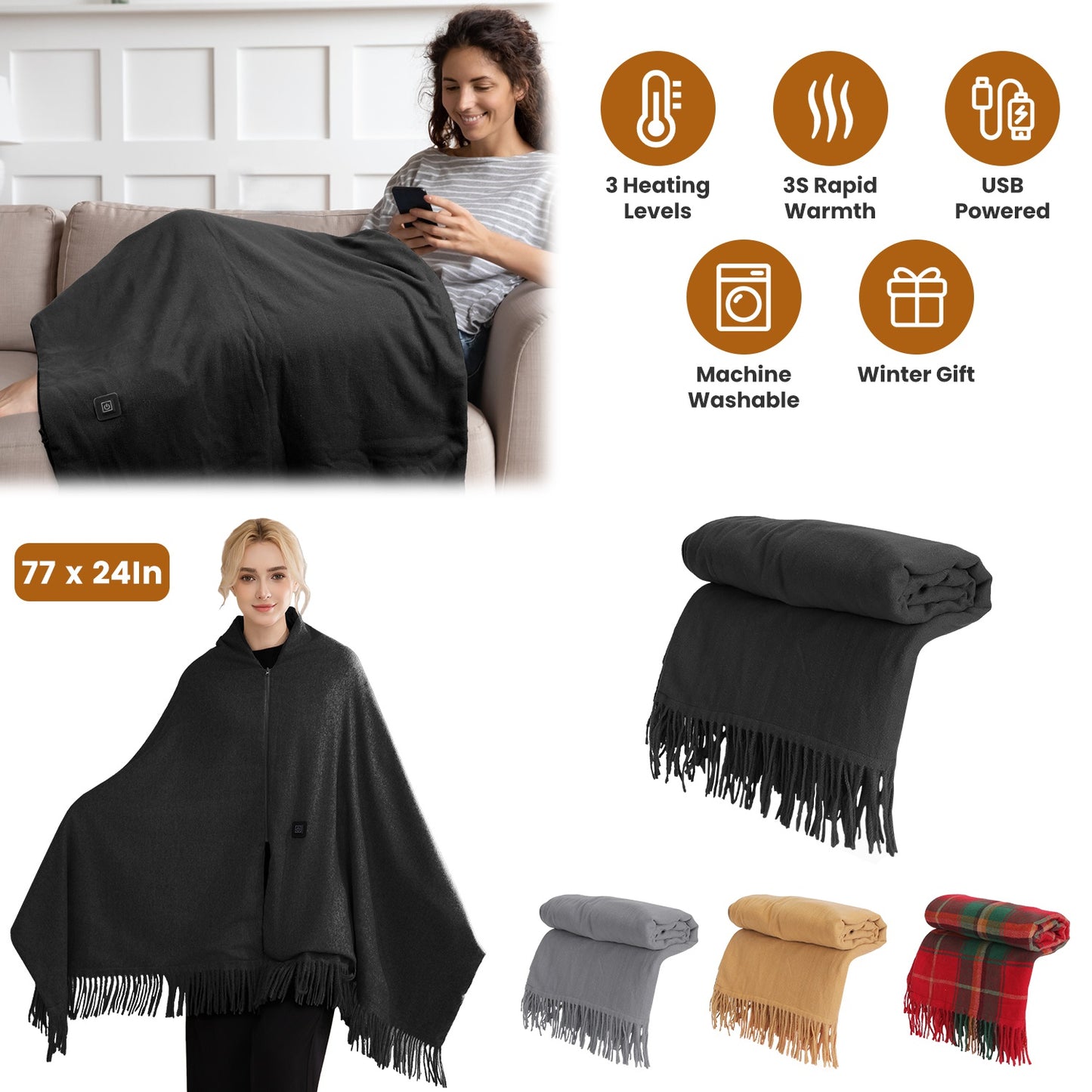 USB Heated Shawl with 3 Temperature Levels and Zipper