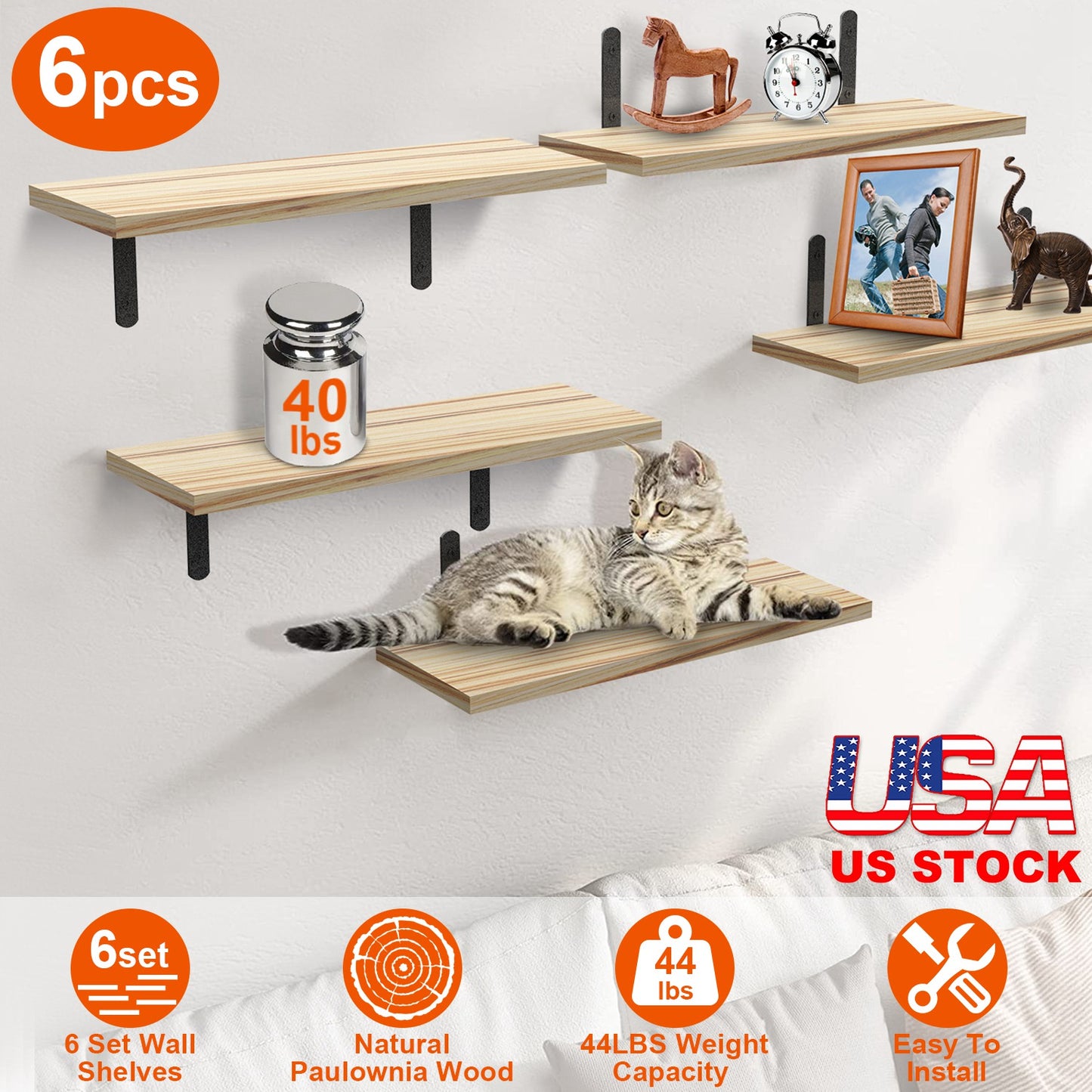 Floating Wall Shelves Set of 6 - Wood & Metal Storage Organizer