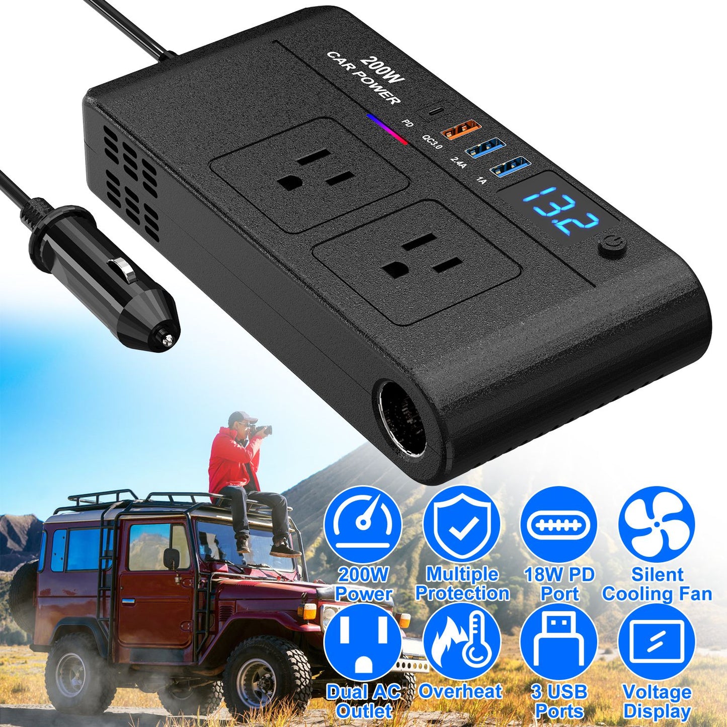 200W Car Power Inverter DC 12V to AC 110V with USB Ports
