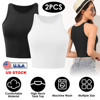 Women Sleeveless Cropped Tank Top High Neck Crop Racer Back Workout Top Machine Washable Summer S M L XL 2XL