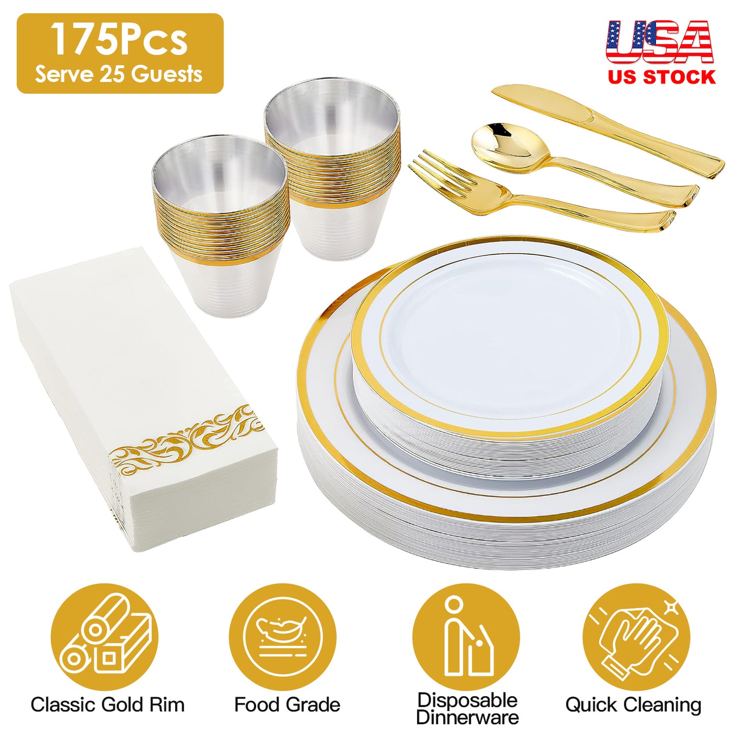 Disposable Gold Rim Dinnerware Set - 175 Pieces for 25 Guests