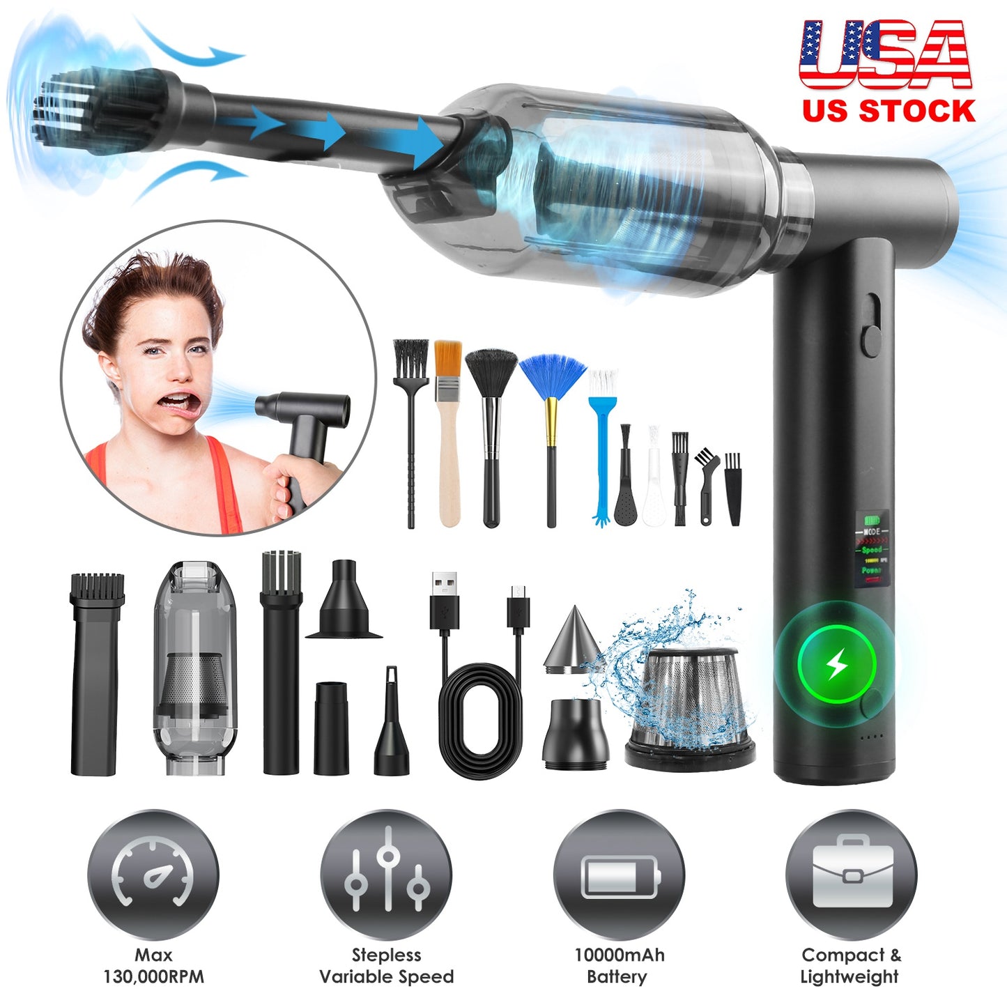 Cordless Air Duster 130,000 RPM with 19 Accessories