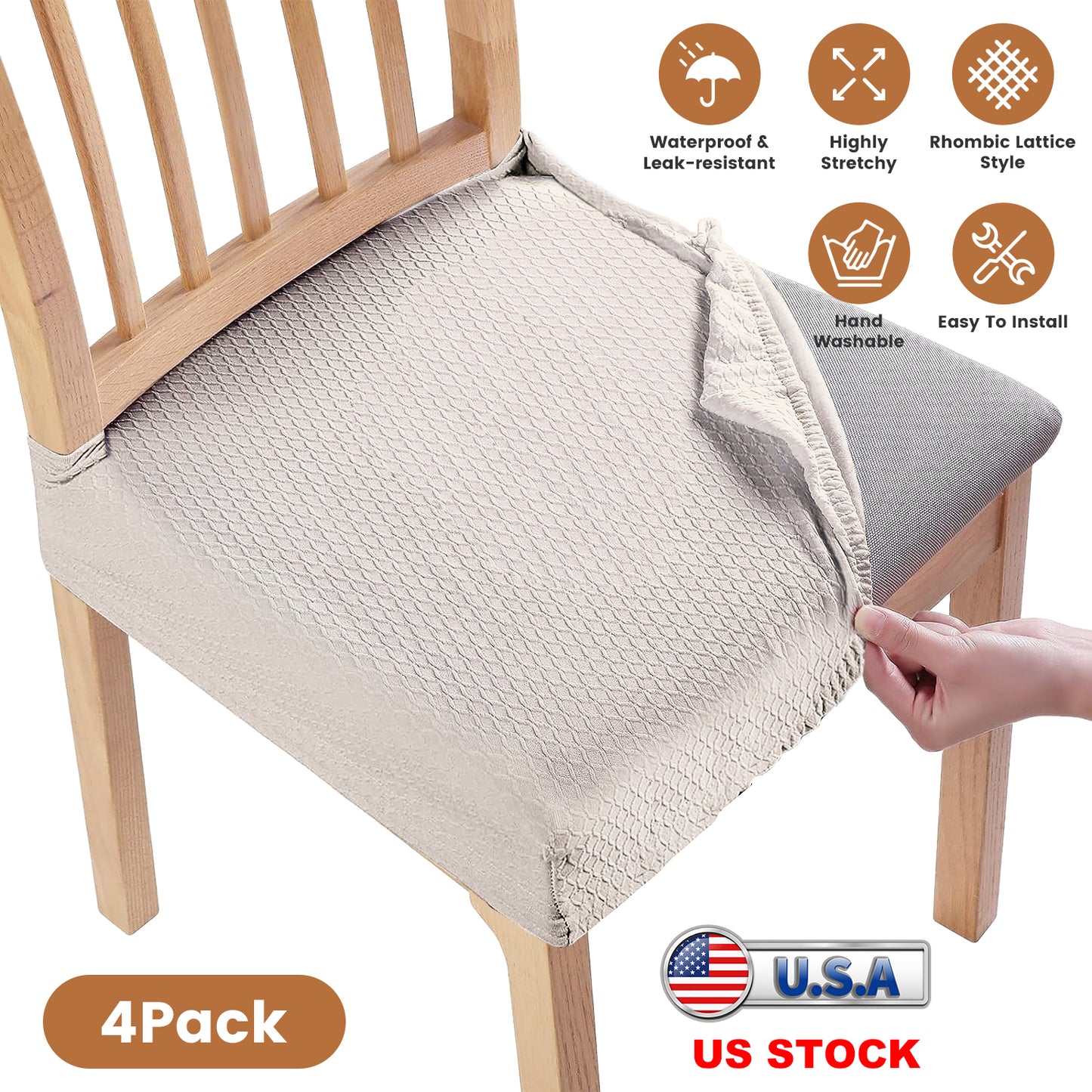 Waterproof Dining Chair Seat Covers - 4 Pack Stretch Slipcovers