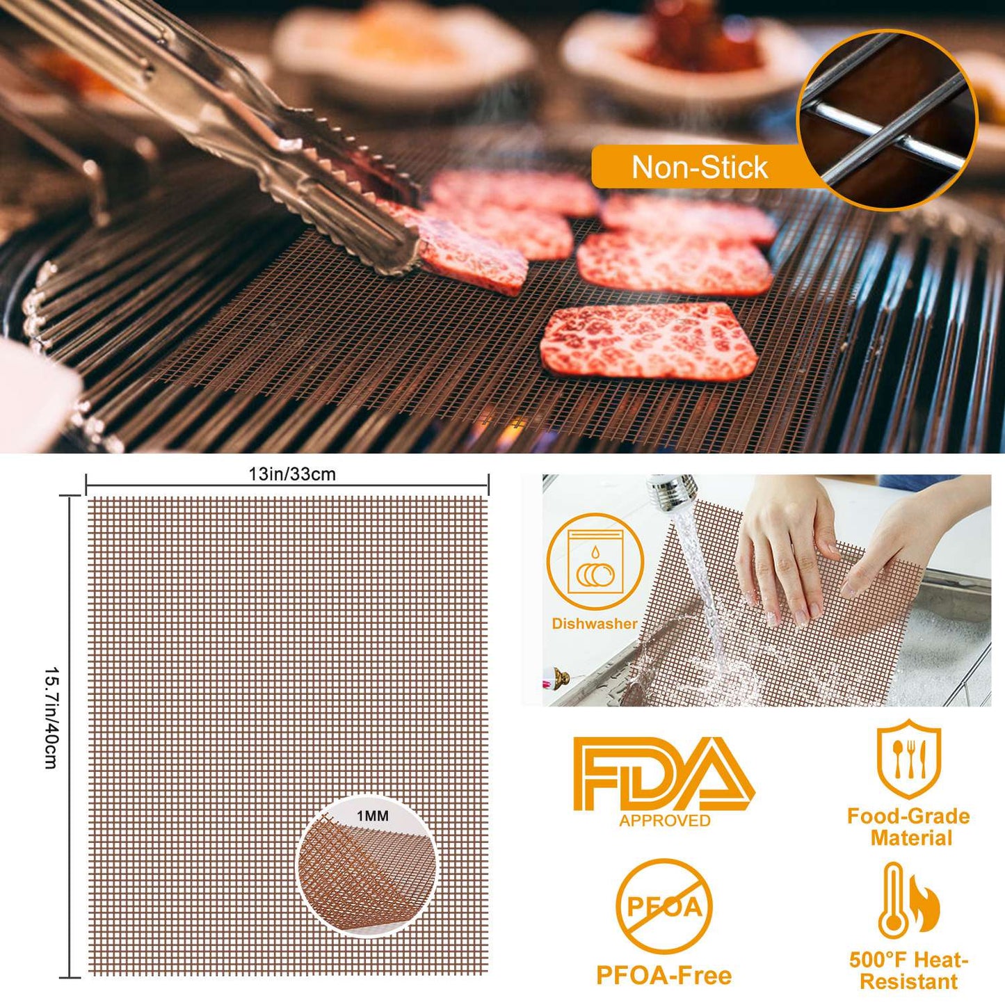 Non-Stick BBQ Grill Mat - Reusable Heat Resistant Mesh Liner