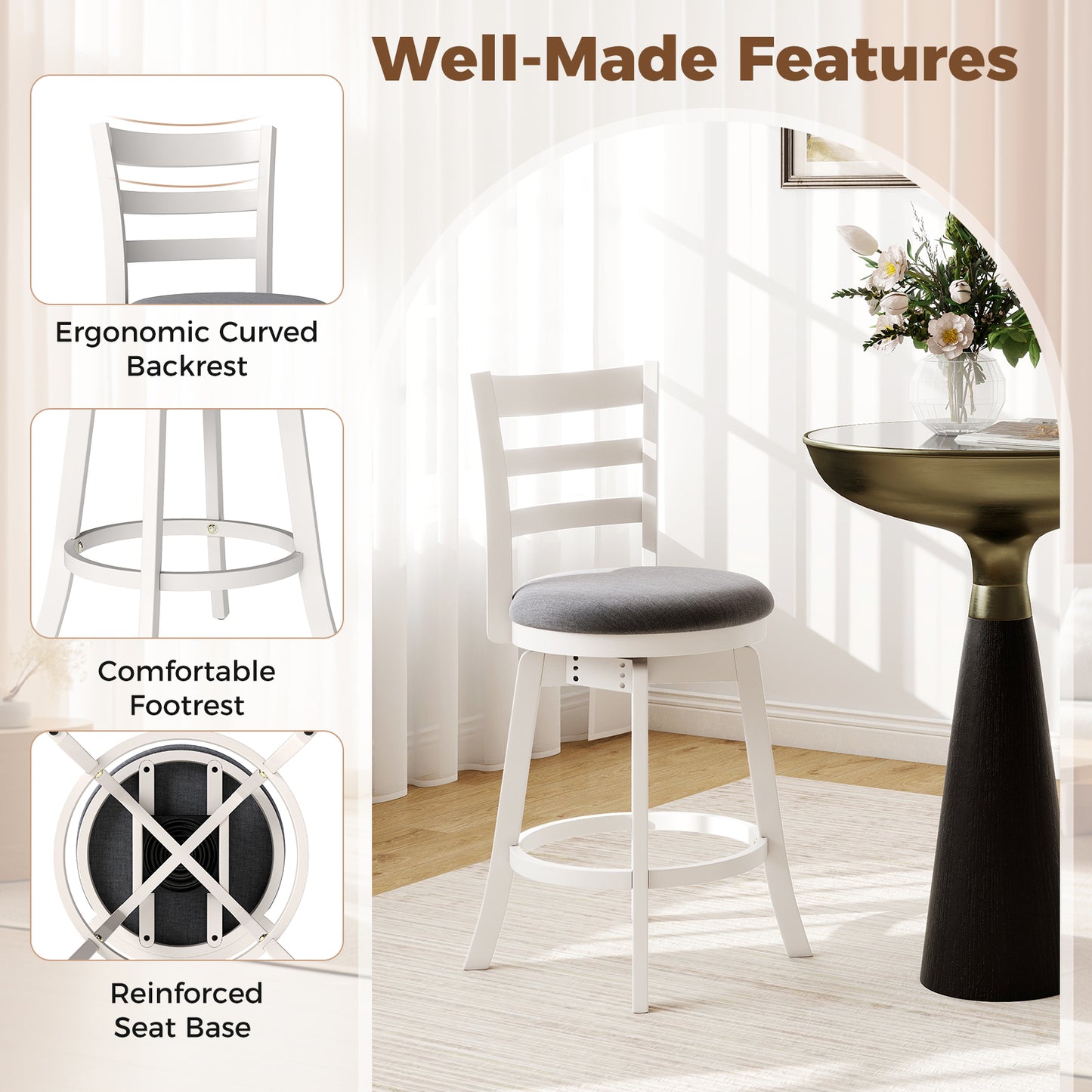 Swivel Bar Stools Set of 2 with Upholstered Seat