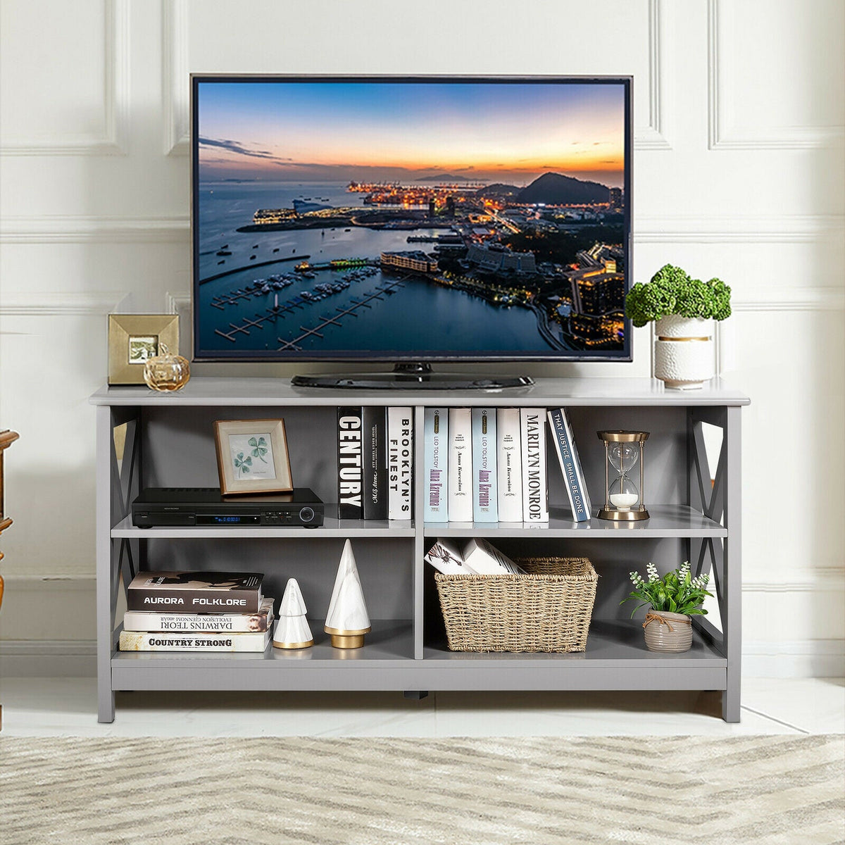 Wooden TV Stand Entertainment for TVs up to 55 Inch with X-Shaped Frame