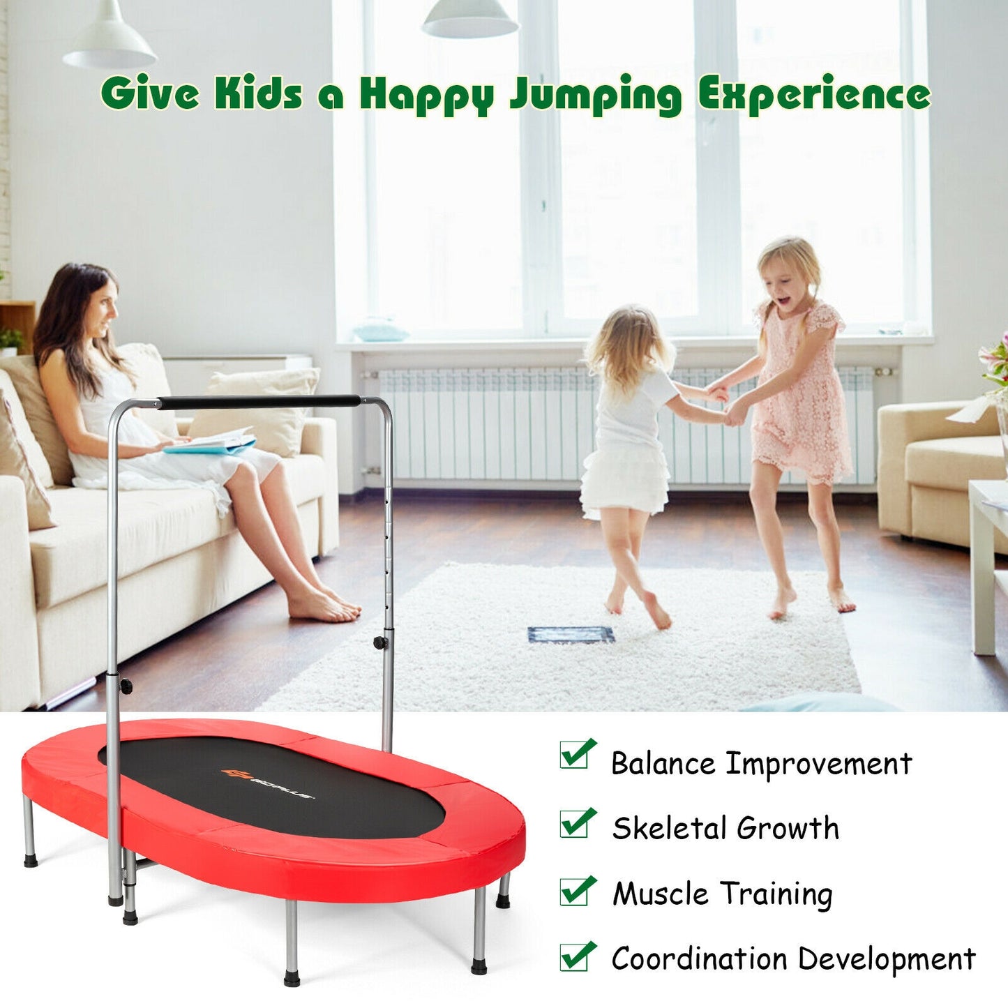 2-Person Foldable Fitness Trampoline with Adjustable Handle