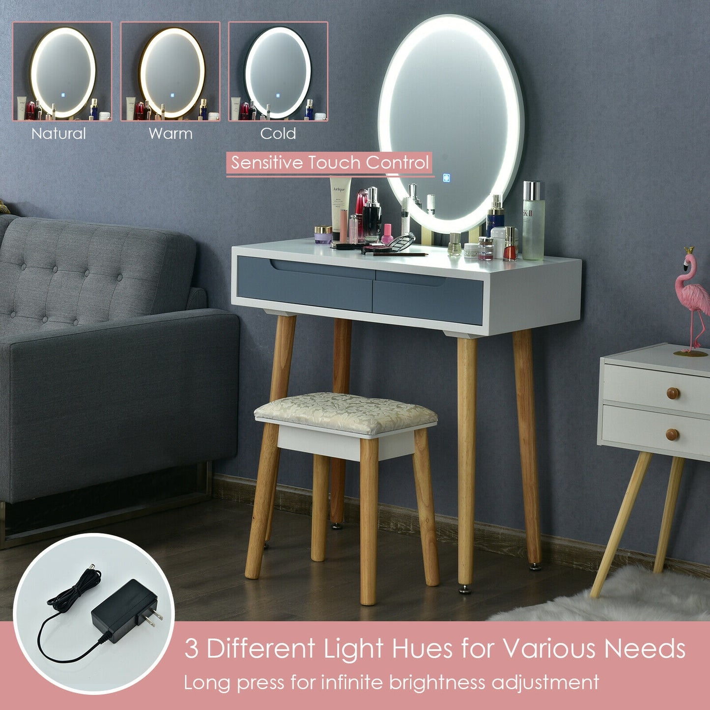 Vanity Makeup Table with Lighted Mirror and Stool Set