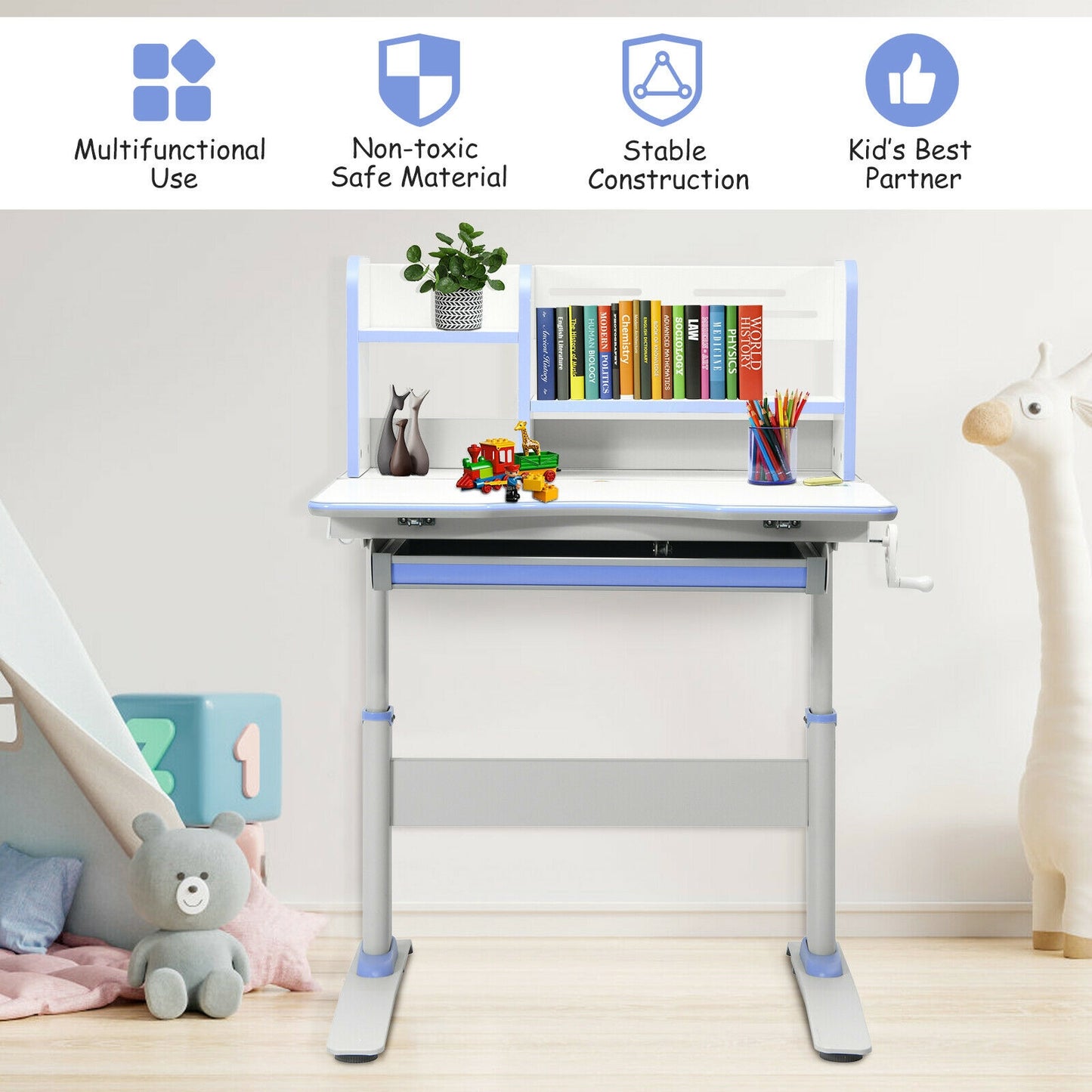 Kids Adjustable Writing Desk with Tilting Desktop and Shelf