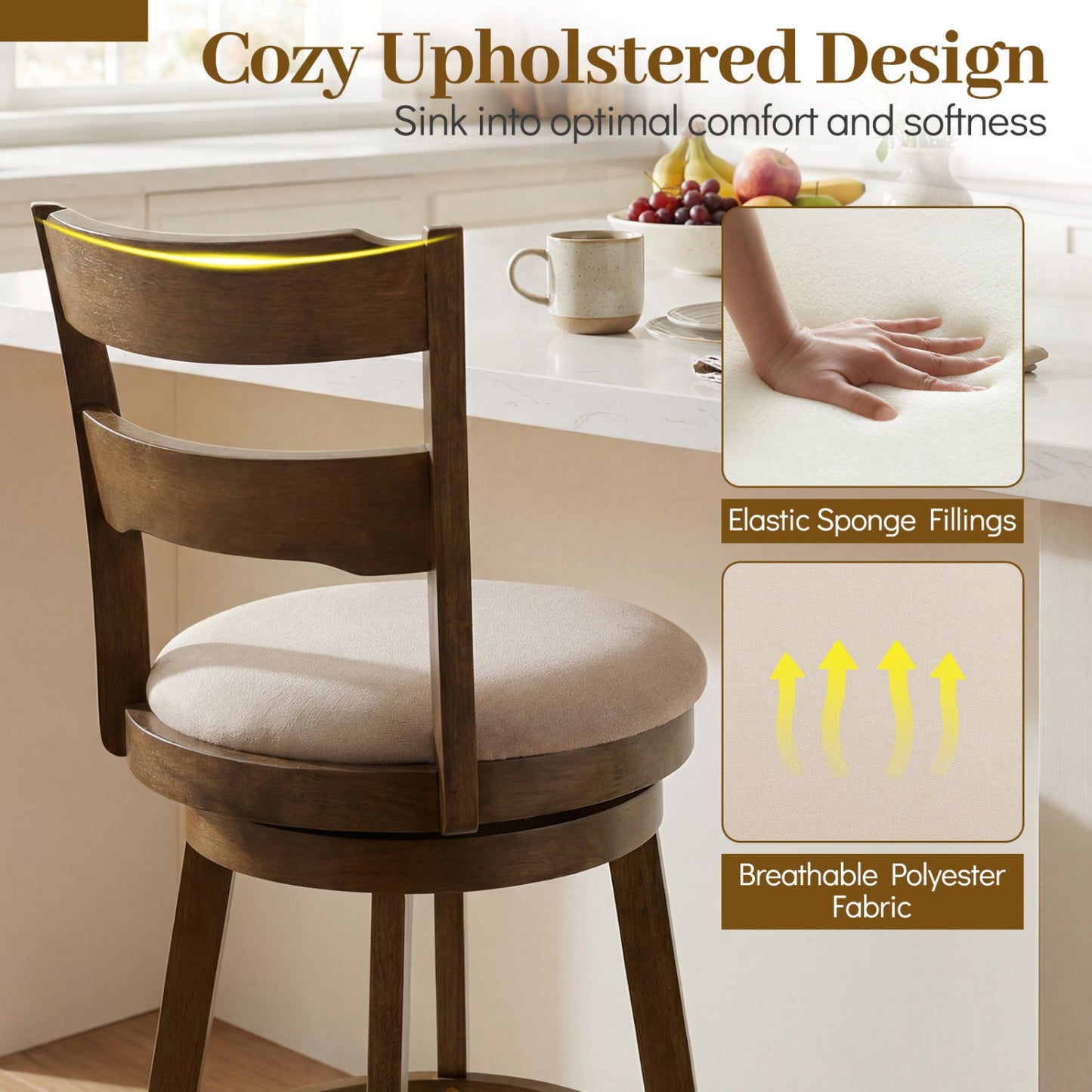 25 Inch Swivel Counter Barstools with Backrest & Upholstered Seat