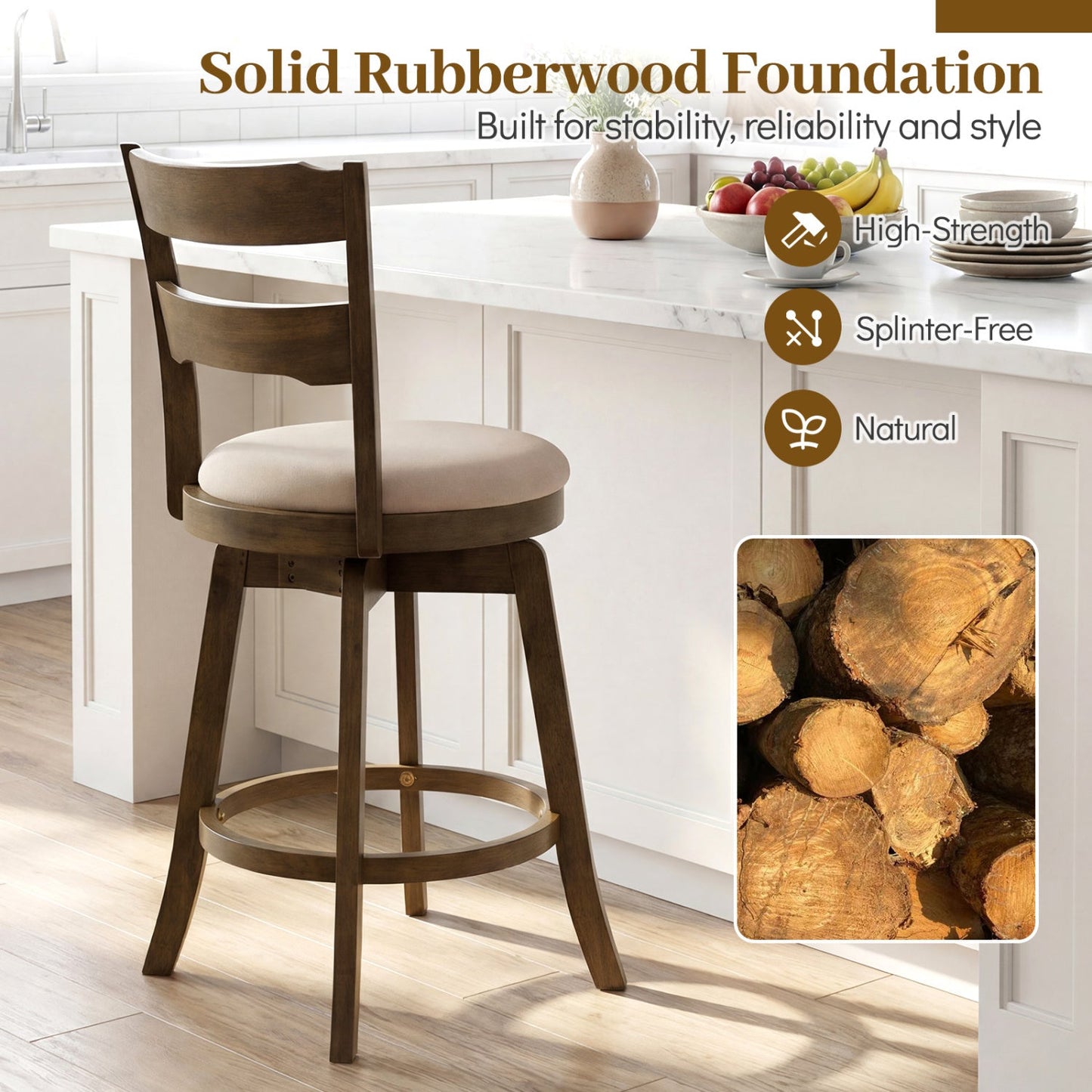 25 Inch Swivel Counter Barstools with Backrest & Upholstered Seat