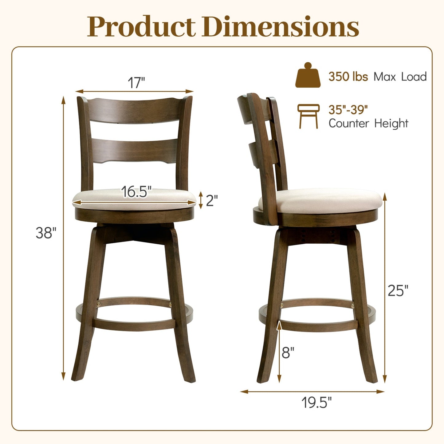 25 Inch Swivel Counter Barstools with Backrest & Upholstered Seat