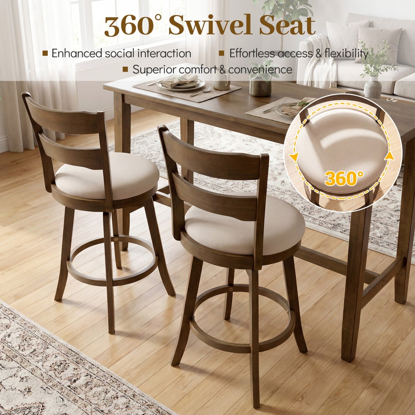 25 Inch Swivel Counter Barstools with Backrest & Upholstered Seat